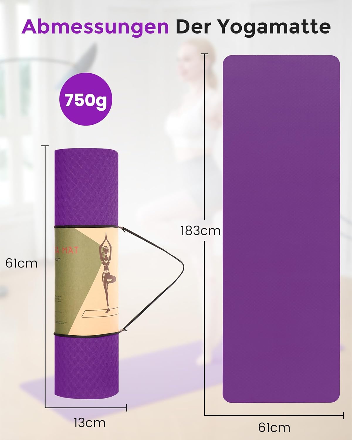 Narwhal Yogamatte Rutschfest Fitnessmatte Umweltfreundliche TPE Sportmatte mit Tragegurt Gymnastikmatte für Pilates Yoga Workout 183 x 61 x 0,6 cm – Bild 2