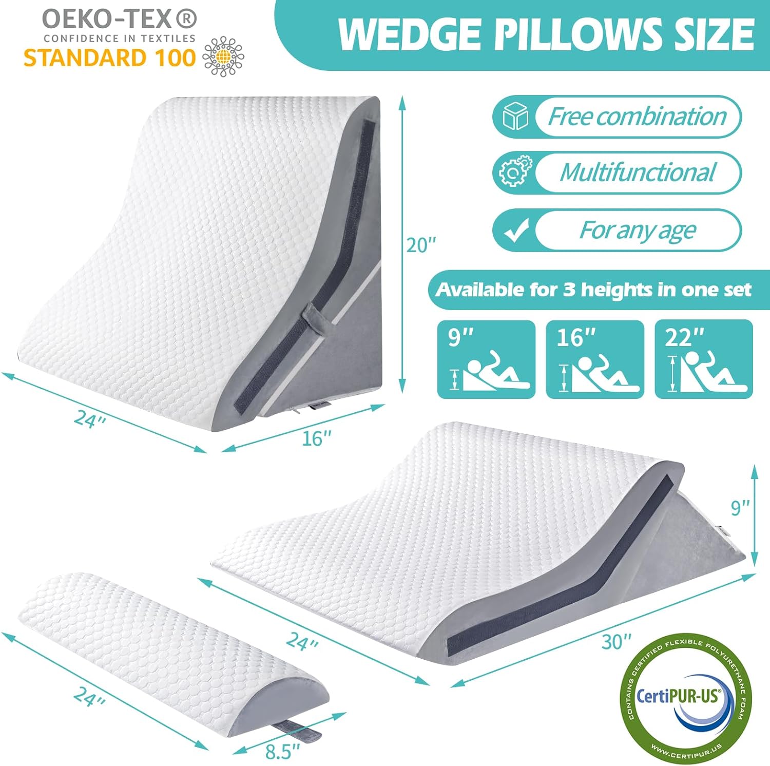 Keilkissen zum Schlafen, orthopädisches Bettkeilkissen-Set, 15-in-1 verstellbares Memory-Schaum-Keilkissen nach Operationen, 9 & 16 & 20 Zoll Höhe, 3-in-1-Schrägkissen, Keile zum Schlafen – Bild 7
