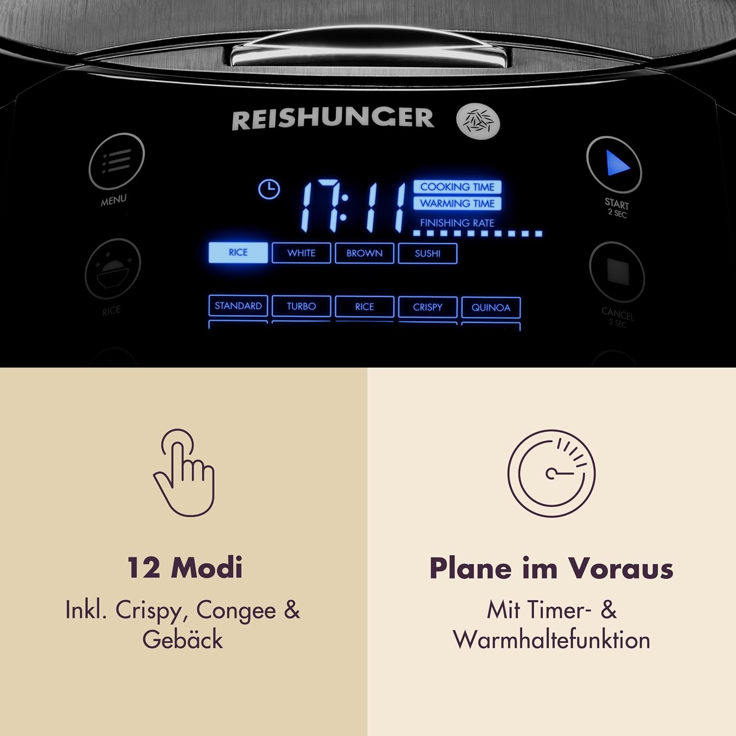 REISHUNGER Digitaler Reiskocher und Dampfgarer Grau | 1,5 Liter für 8 Personen | Warmhaltefunktion, Timer und Premium-Innentopf | Multikocher, 12 Programme, 7-Phasen-Technologie | Bis zu 8 Personen – Warmhaltefunktion, Timer & Premium-Innentopf – Multikocher, 12 Programme, 7-Phasen-Technologie – Bild 4