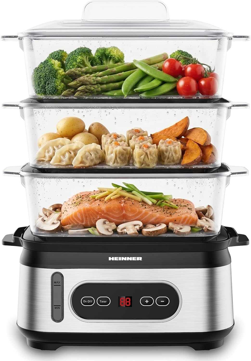 One Steam HSA-D950SS Elektrischer Dampfgarer, 9 l, 3 Stufen, BPA-frei, LED-Display, digitaler Timer 0–90 Min., Startauswahl 12 Stunden, automatische Abschaltung, spülmaschinenfest, inklusive 950 W, Modell ONE