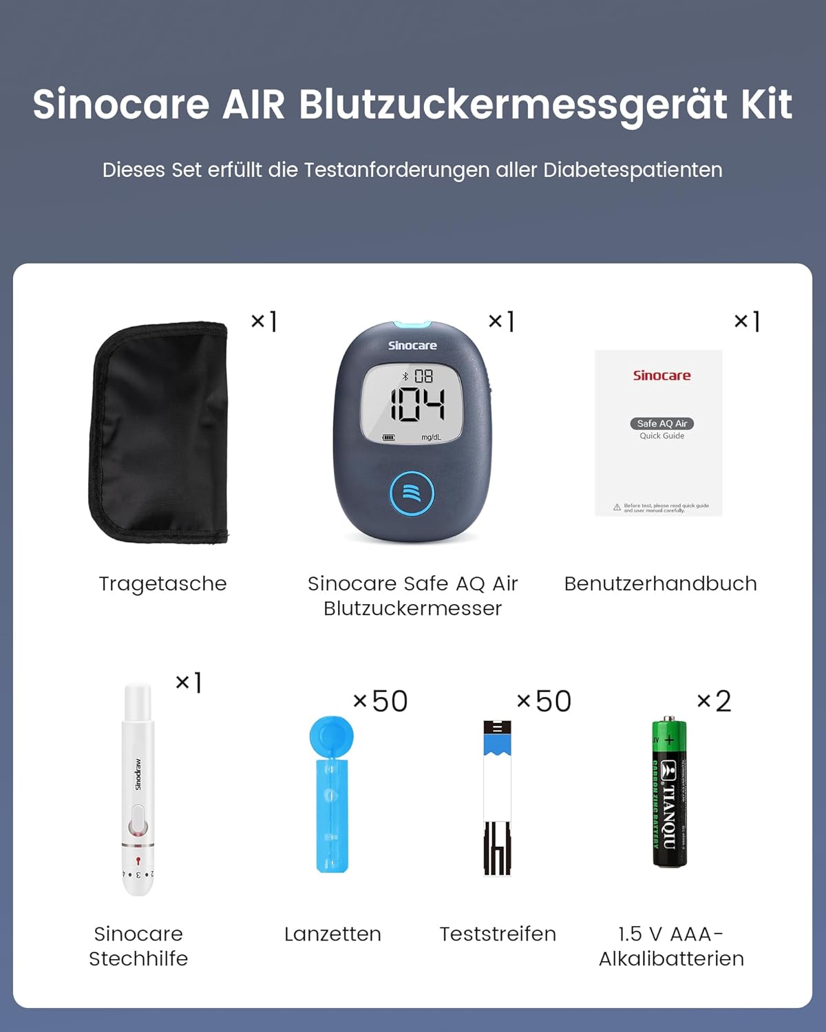 Sinocare Blutzuckermessgerät Bluetooth mit App – klinische Präzision, 5-Sekunden-Probenahme, 50 Teststreifen + 50 Lanzetten, mg/dl, sichere AQ-Luft – Bild 8
