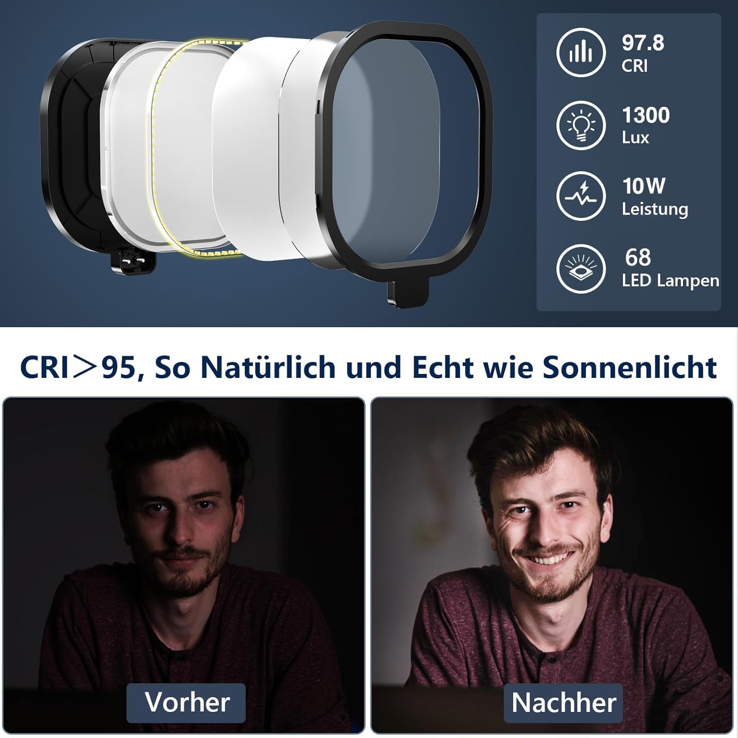 LitONES Schreibtischlampe LED für Videokonferenz, dimmbare Tischringleuchte mit Stativ-Handy – 3 Lichtfarben + 10 Helligkeiten, CRI 97,8 Augenschutz Bürolampe für Home Office (Energieklasse A) – Bild 2