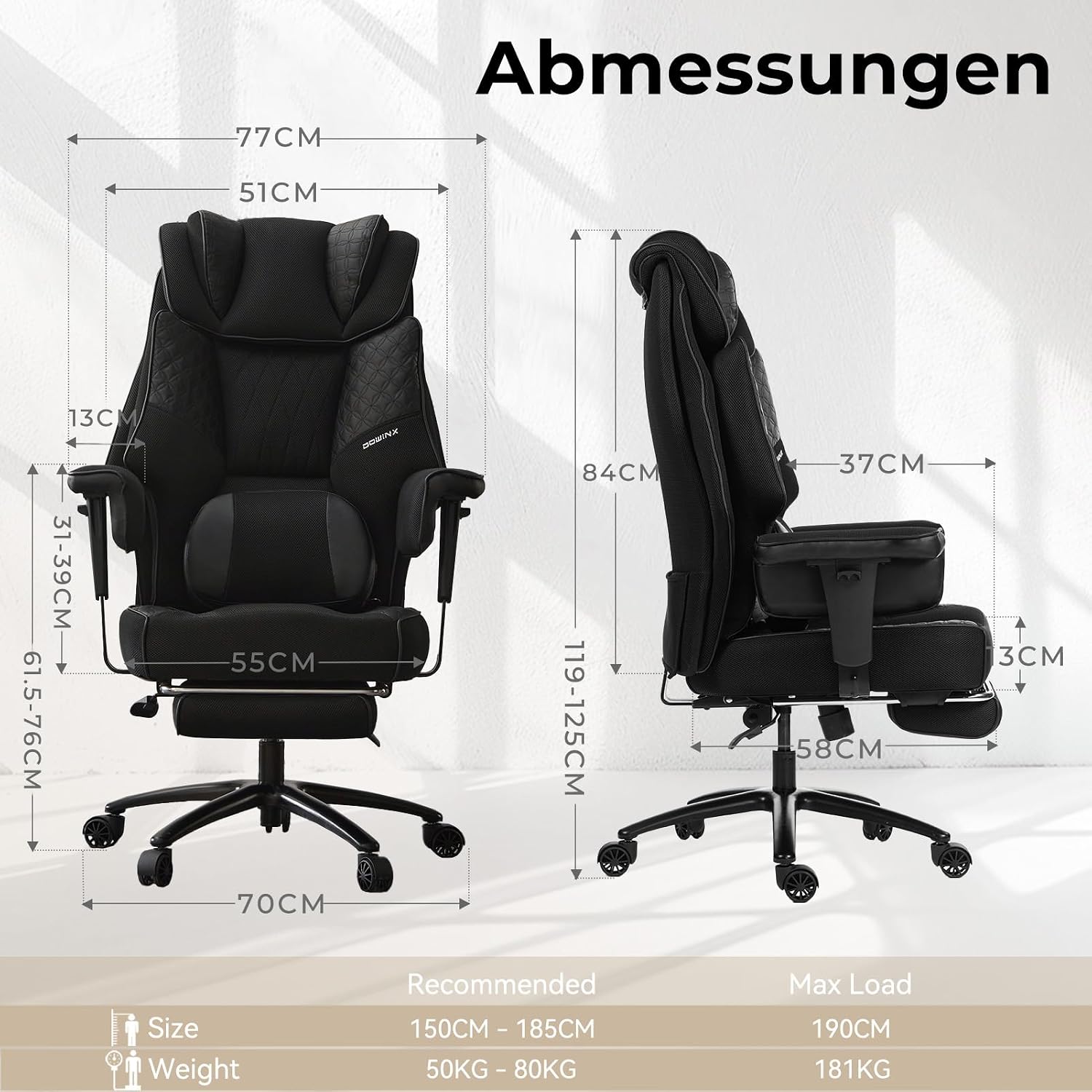 Dowinx XXL Bürostuhl mit Massage-Lendenkissen und extra dicker Sitzpolsterung, Chefsessel mit atmungsaktivem Netz & verstellbaren Armlehnen, ergonomischer Schreibtischstuhl mit Fußstütze, Schwarz – Bild 8