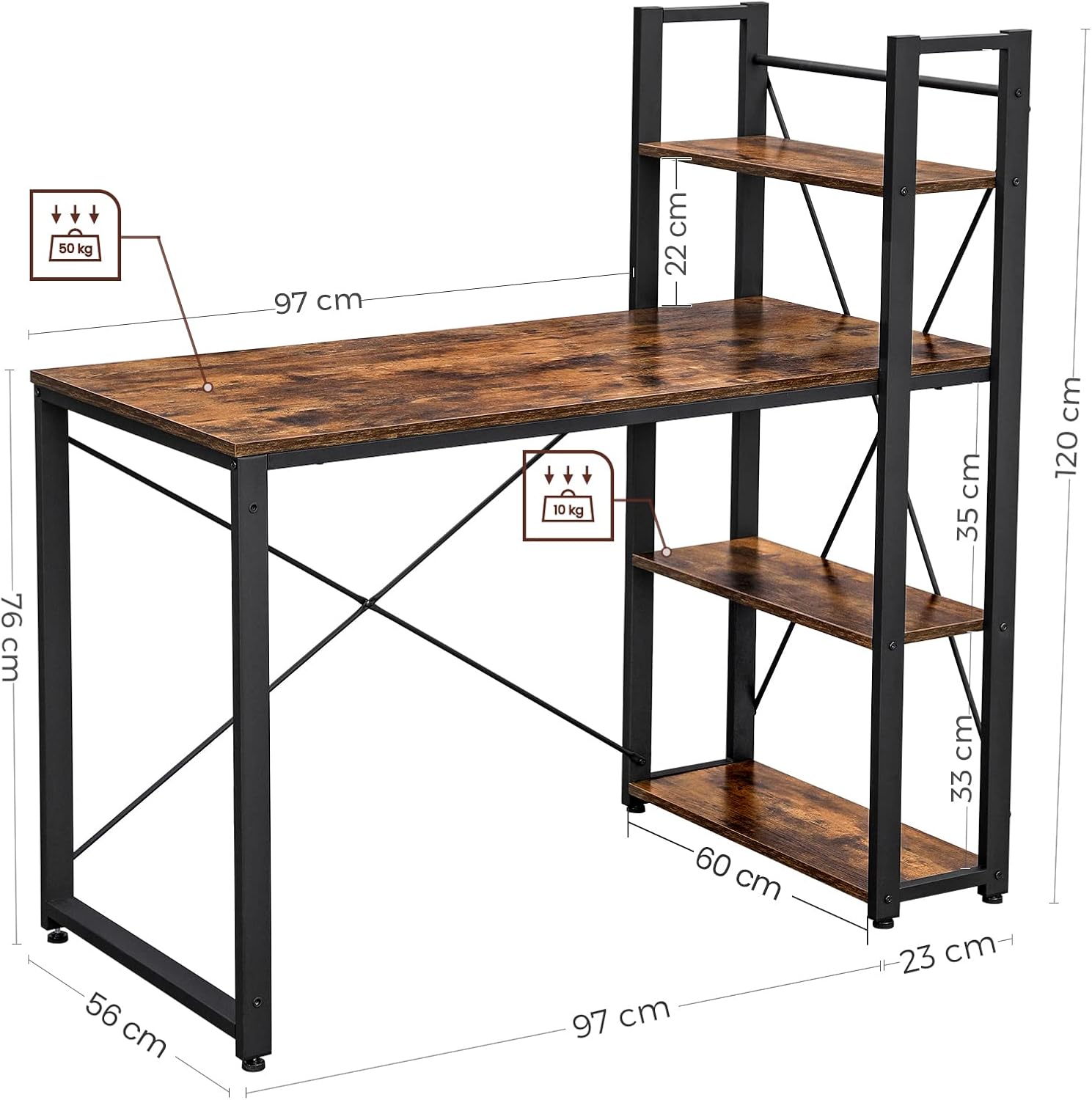 VASAGLE Schreibtisch, 120 cm lang, Computertisch mit Regalen rechts oder links, Bürotisch, Arbeitszimmer, Heimbüro, einfache Montage, stabiles Industriedesign, Vintage-Braun/Schwarz LWD48X – Bild 3