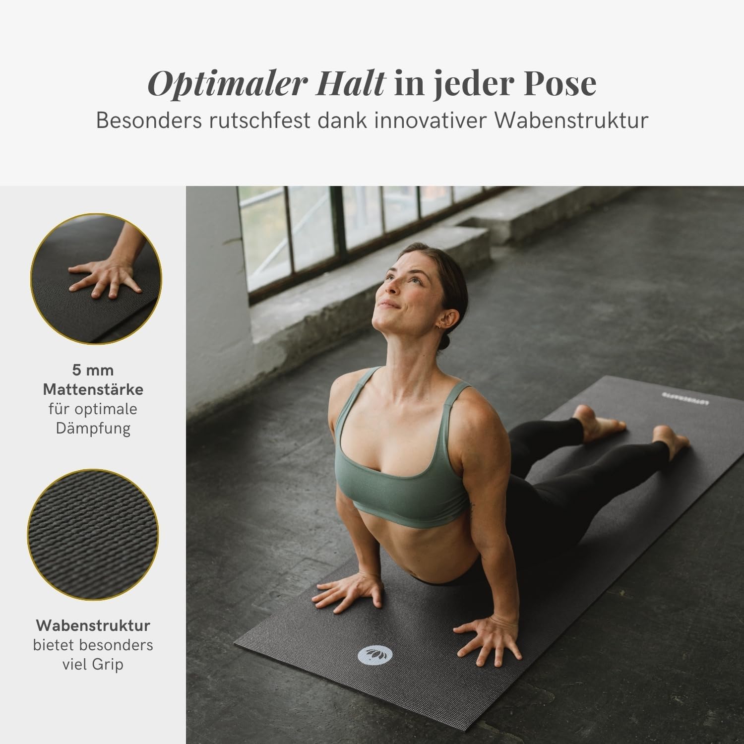 Lotuscrafts Yogamatte, rutschfest, 183 x 61 x 0,5 cm, leichte Fitnessmatte, auch als Gymnastikmatte, Sportmatte, hautfreundlich und schadstoffgeprüft – Bild 2