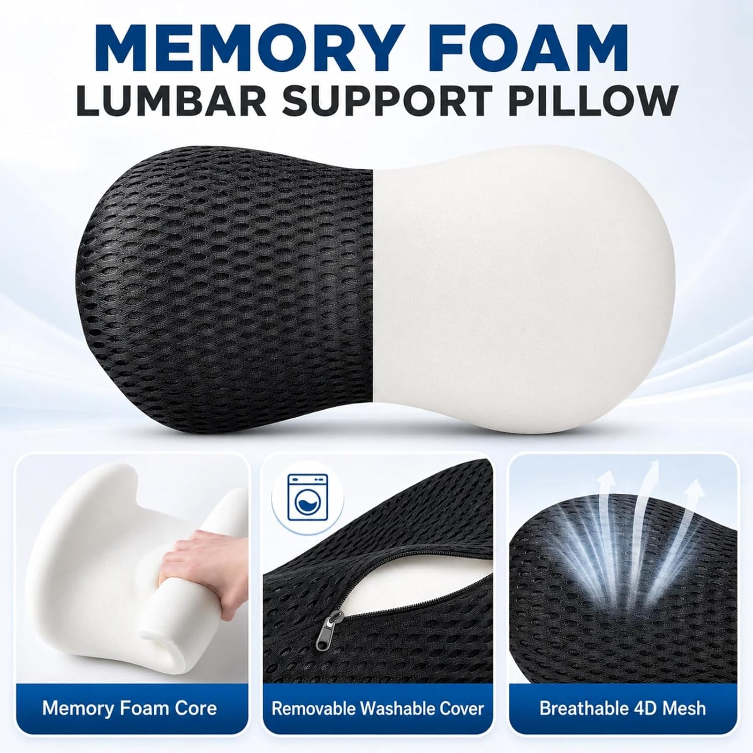 Ergonomisches Memory-Schaum-Lendenkissen, atmungsaktive Rückenstütze mit verstellbarem Riemen, abnehmbarer, waschbarer Bezug für Bürostuhl, Auto und Zuhause – Bild 3