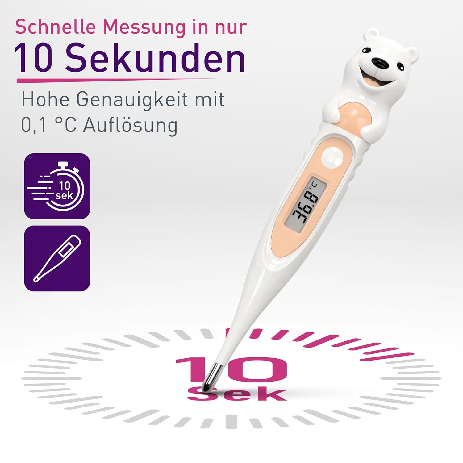 scala SC 44 flex Digitales Fieberthermometer Baby & Kinder – 10 Sekunden Messzeit, flexible Spitze, Fieberalarm, wasserdicht – oral, rektal & axillär – Eisbären-Motiv – Bild 3
