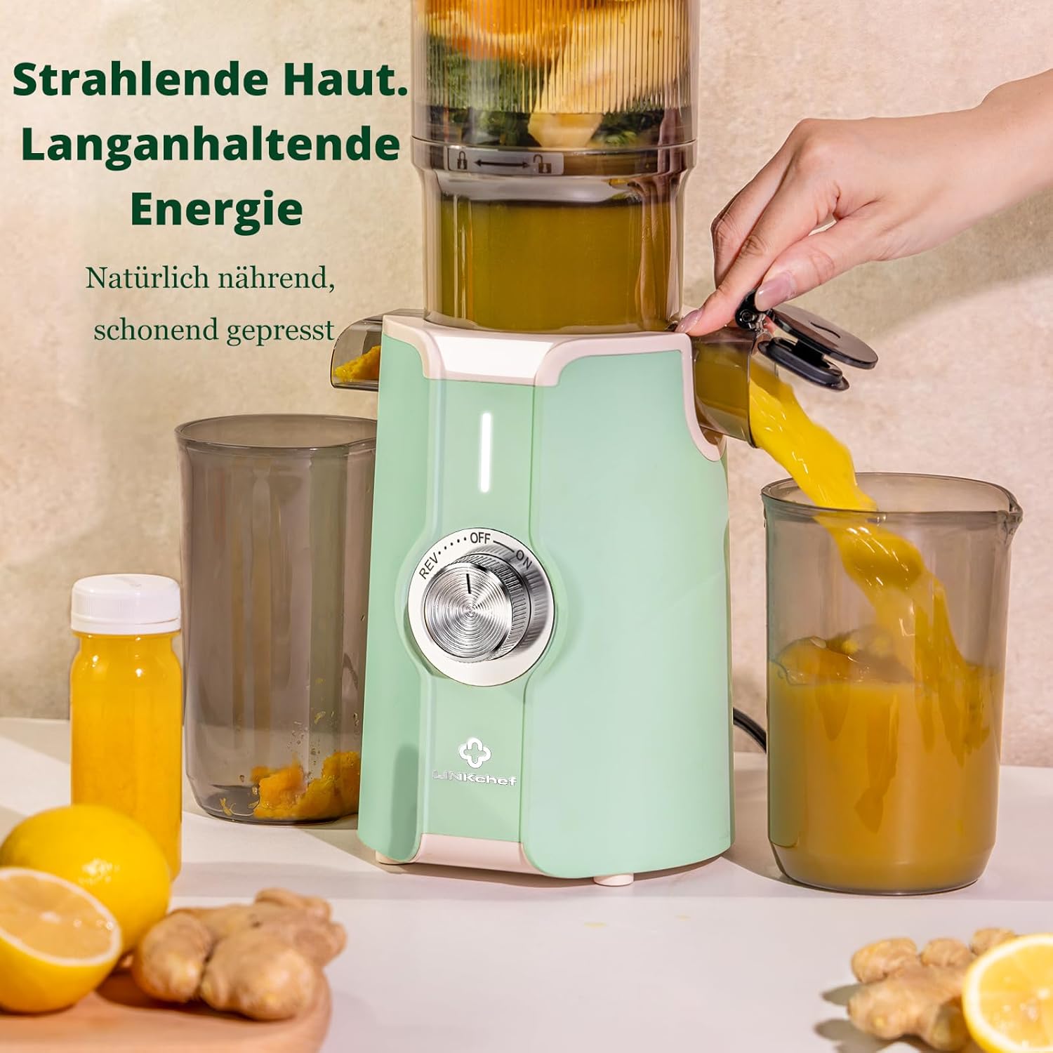 LINKChef Slow Juicer, 115 mm große Einfüllöffnung für Entsafter, Gemüse und Obst, Testsieger, Kaltentsafter 200 W, BPA-frei, leicht zu reinigen und zu montieren, hellgrün – Bild 7
