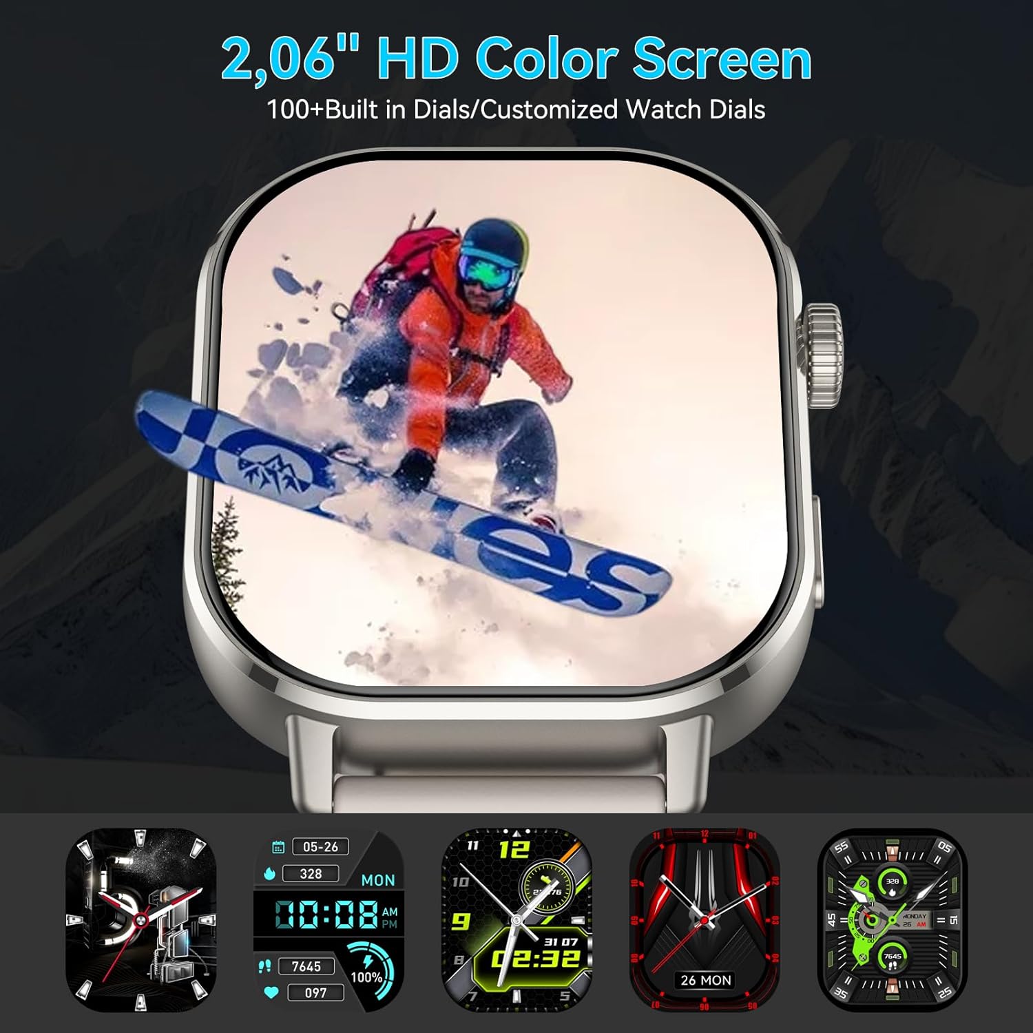 Smartwatch Damen Herren, 2.06''AMOLED-Display Fitnessuhr mit Telefonfunktion, 178+ Sportmodi Schrittzähler Uhr Kompass SOS Herzfrequenz Schlafmonitor 5ATM Wasserdicht, Fitness Tracker für iOS Android – Bild 2