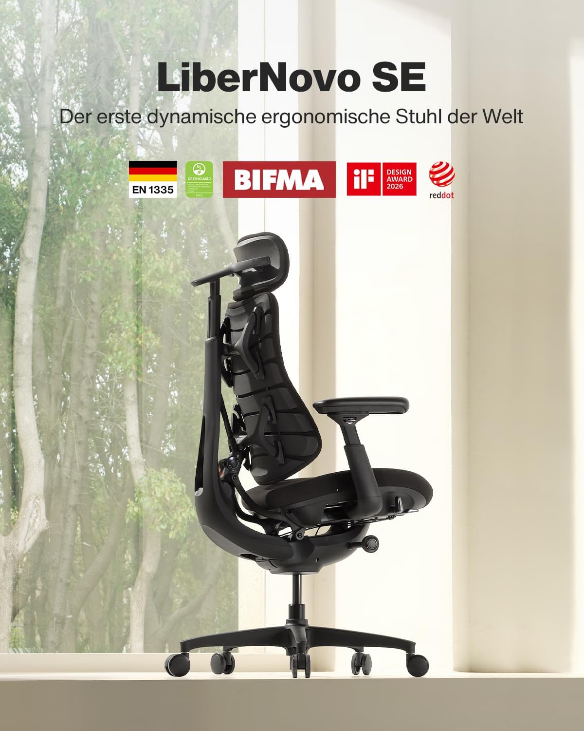 LiberNovo SE Ergonomischer Bürostuhl mit Fußstütze, Schreibtischstuhl mit manueller Lordosenstütze, 5 Neigungspositionen, Computerstuhl für langes Sitzen, für Home Office und Gaming, Obsidian 48 cm – Bild 3