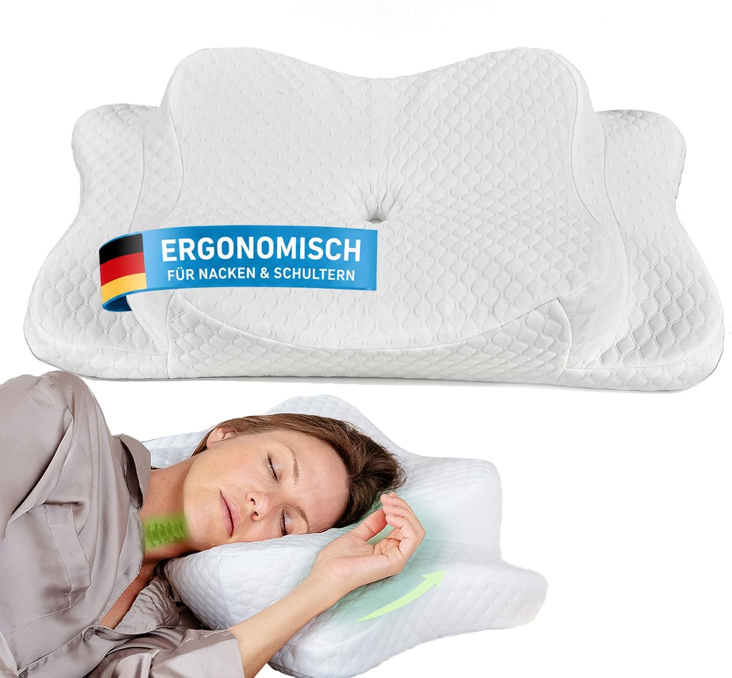 Ergonomisches Kissen (getestet), Nackenstützkissen aus Memory-Schaum, für alle Schlaftypen (inkl. Bezug) - Ergonomisches Kissen, Nackenkissen, Seitenschläferkissen - mittelfest.