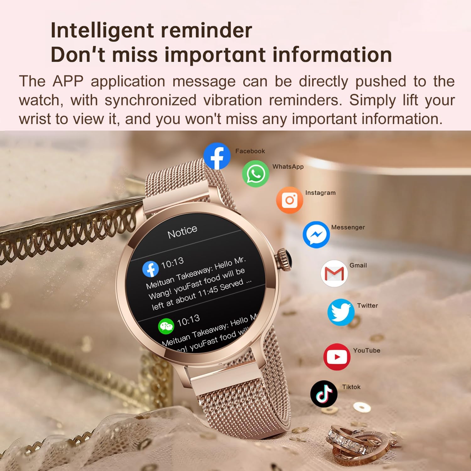 Smartwatch für Damen mit Bluetooth-Anruf, Smartwatch für iPhone und Android-Telefone, Fitness-Tracker-Uhr mit Anruf-/Antwortfunktion, wasserdicht, Herzfrequenz, Blutdruck, Blutsauerstoff (Gold) – Bild 2