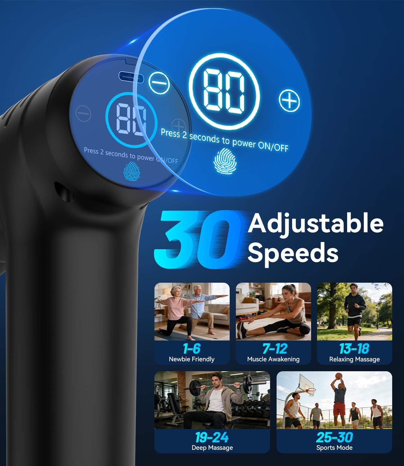 Mini-Massagepistole, Faszienpistole, Mini-Massagegerät, Massagepistole, 30 Stufen & 12 mm Amplitude, 450 g leicht & < 40 dB, Touchscreen, 4 Aufsätze, USB-C, Tiefenmassage für Muskeln – Bild 3