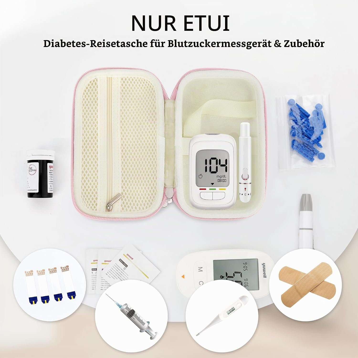Diabetes-Versorgungskoffer, Blutzuckermessgerät-Beutel, rosa, M, schlicht | Tragbare Box zur Aufbewahrung von Teststreifen, Blutentnahmenadeln und anderen Gegenständen, Reisetasche für Glukosemessgerät – Bild 2
