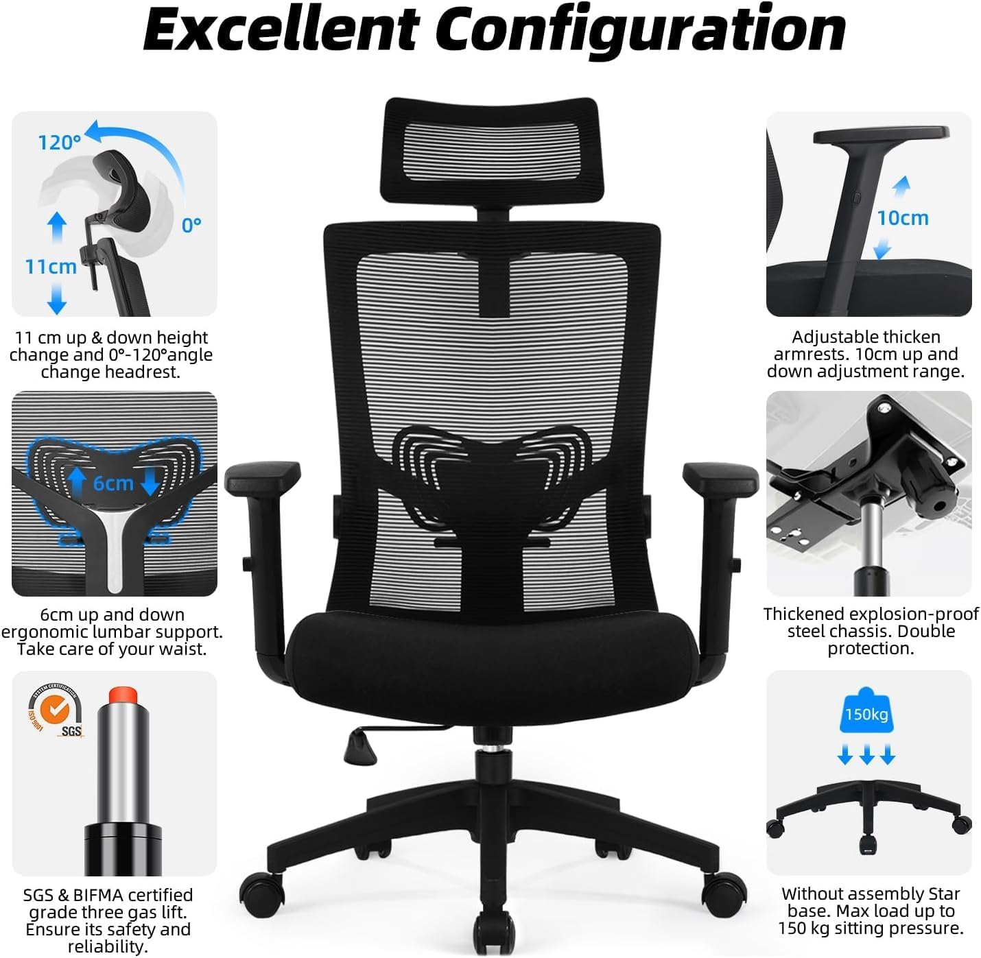 Daccormax Ergonomischer Bürostuhl, Schreibtischstuhl mit verstellbarer Kopfstütze, Armlehnen, Lordosenstütze, Drehstuhl-Wippfunktion bis 135°, Netz-Chefsessel, rückenschonender Bürostuhl 150 kg – Bild 7