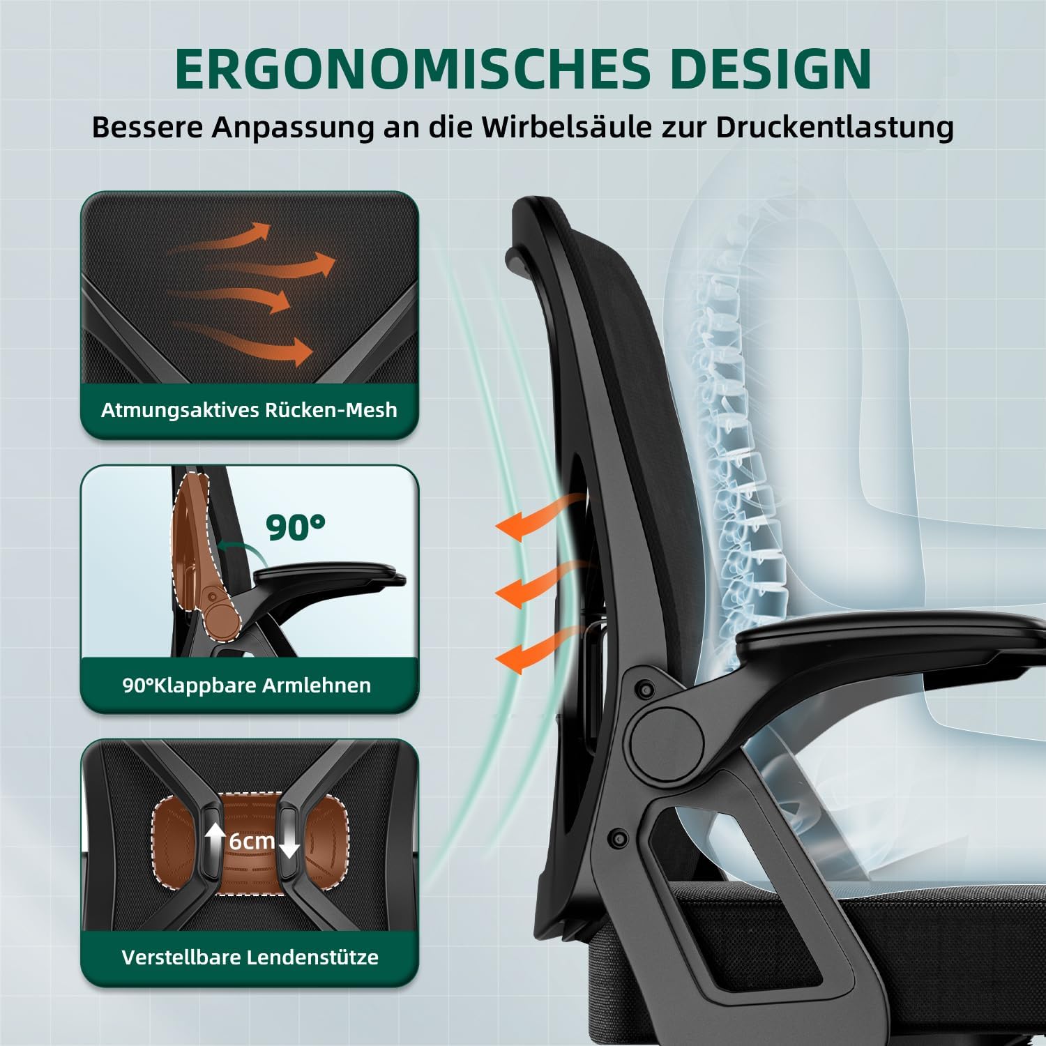 Ergonomischer Bürostuhl mit klappbaren Armlehnen, verstellbare Lordosenstütze, Wippfunktion bis 125°, höhenverstellbar, Netzstuhl, schwarz – Bild 5