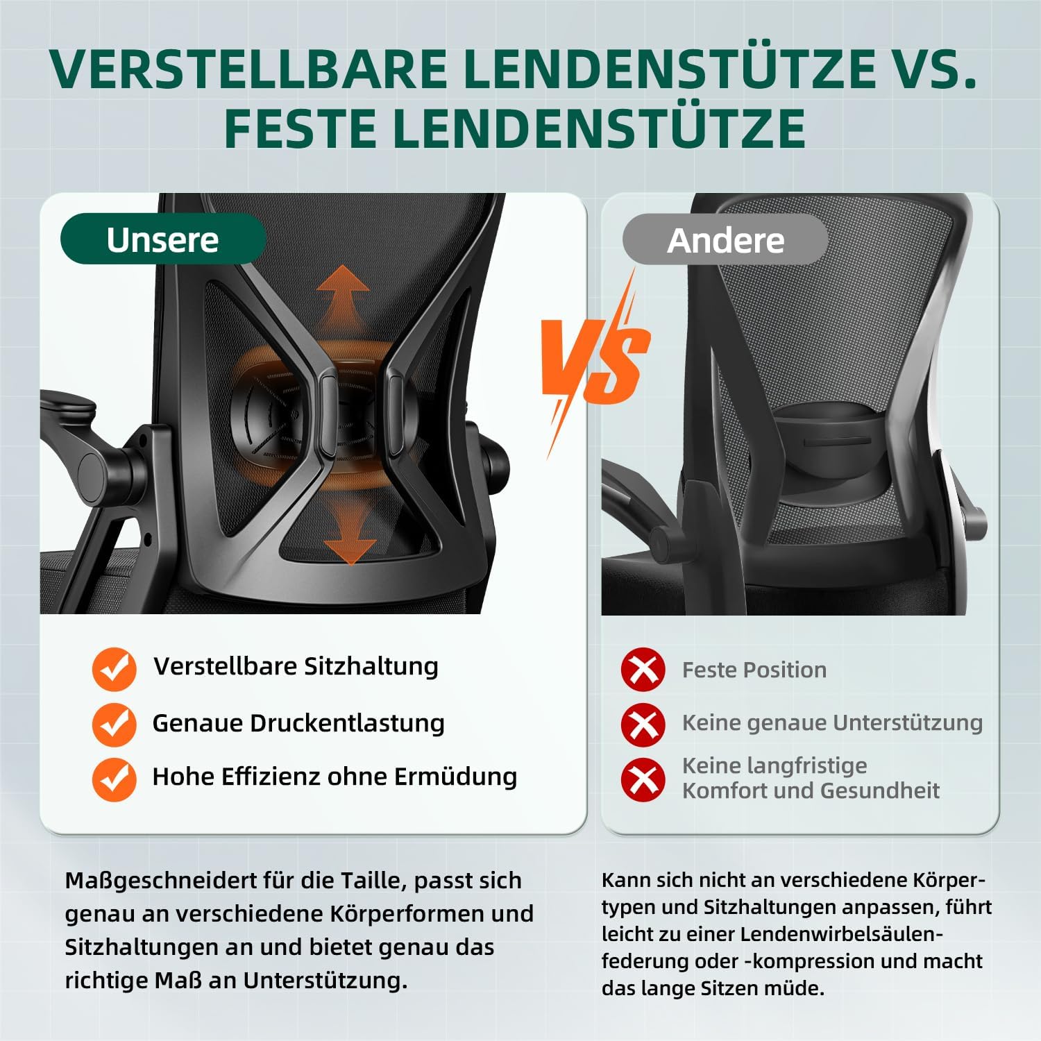 Ergonomischer Bürostuhl mit klappbaren Armlehnen, verstellbare Lordosenstütze, Wippfunktion bis 125°, höhenverstellbar, Netzstuhl, schwarz – Bild 6
