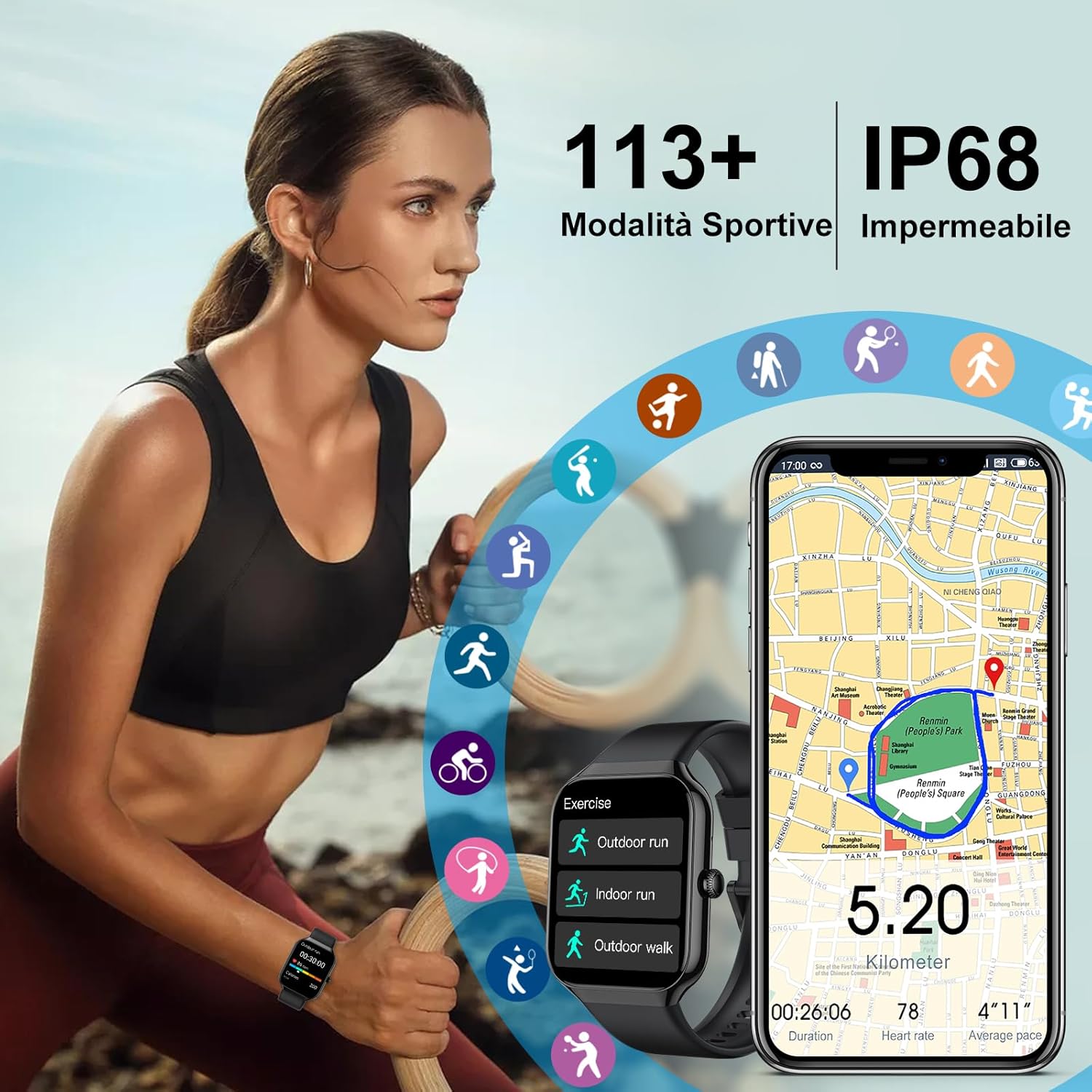 Smartwatch Herren Damen 1,96 Zoll Fitnessuhr Herzfrequenz Schlafmonitor Schrittzähleruhr Smart Watch Bluetooth Anrufe 113+ Sportmodi Sportuhr IP68 Wasserdicht Fitness Tracker für iOS Android Schwarz – Bild 4