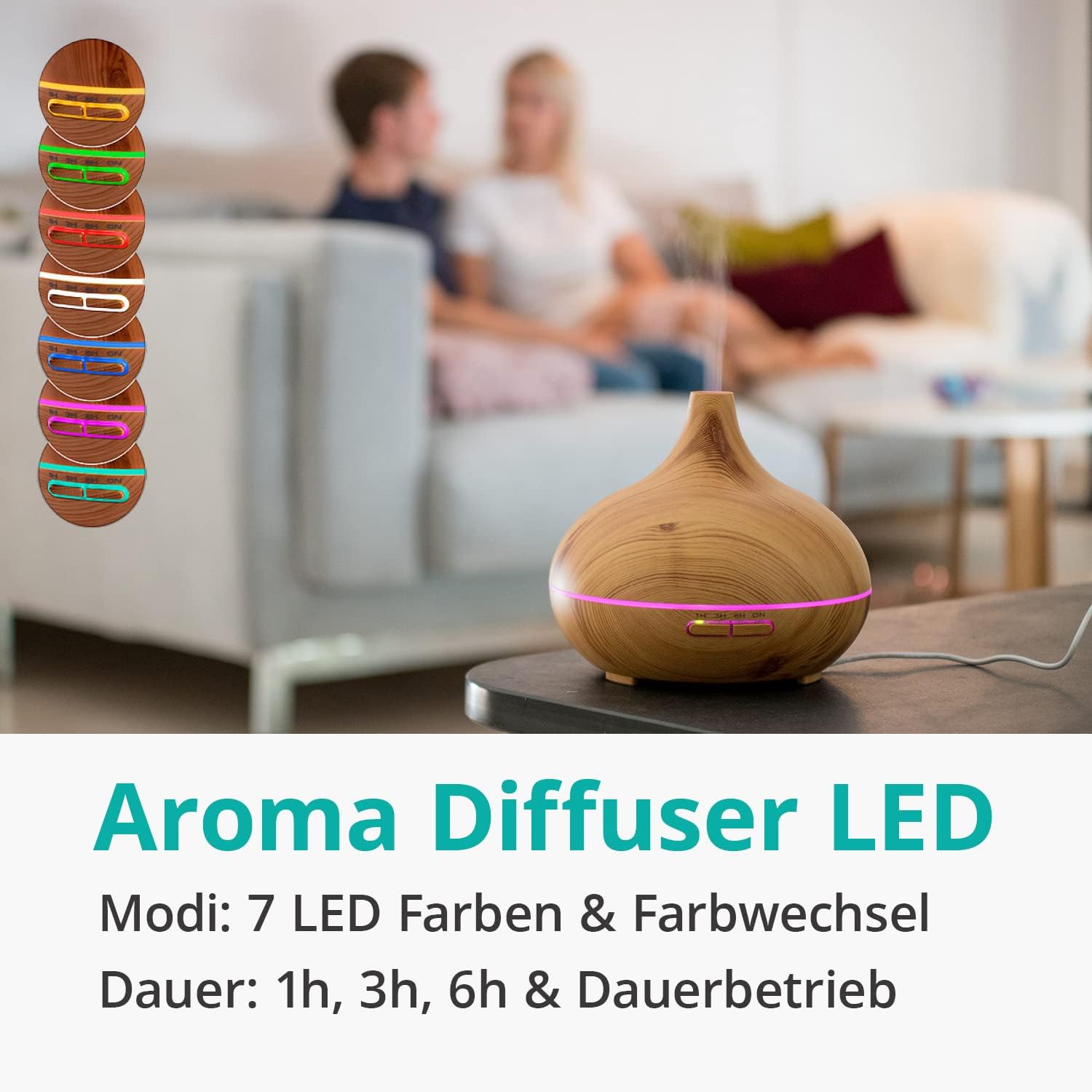 Aromadiffusor im Holzdesign mit Top 6 Set natürlichen ätherischen Ölen - Aromadiffusor - 300 ml - Leise Ultraschalltechnologie - Luftbefeuchter - LED-Beleuchtung – Bild 3