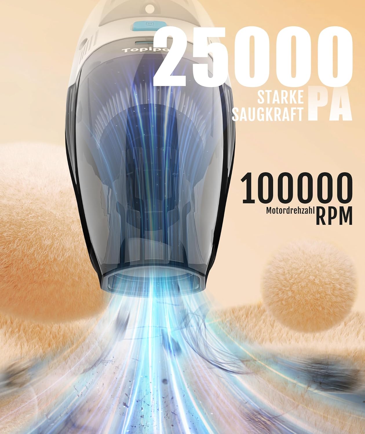 Topipop Handstaubsauger Akku mit 25000Pa starker Saugleistung, kabelloser Staubsauger mit HEPA-Filter & Aufsätzen – leichter Autostaubsauger für Tierhaare, Teppich, Zuhause, Büro, Küche (weiß) – Bild 2