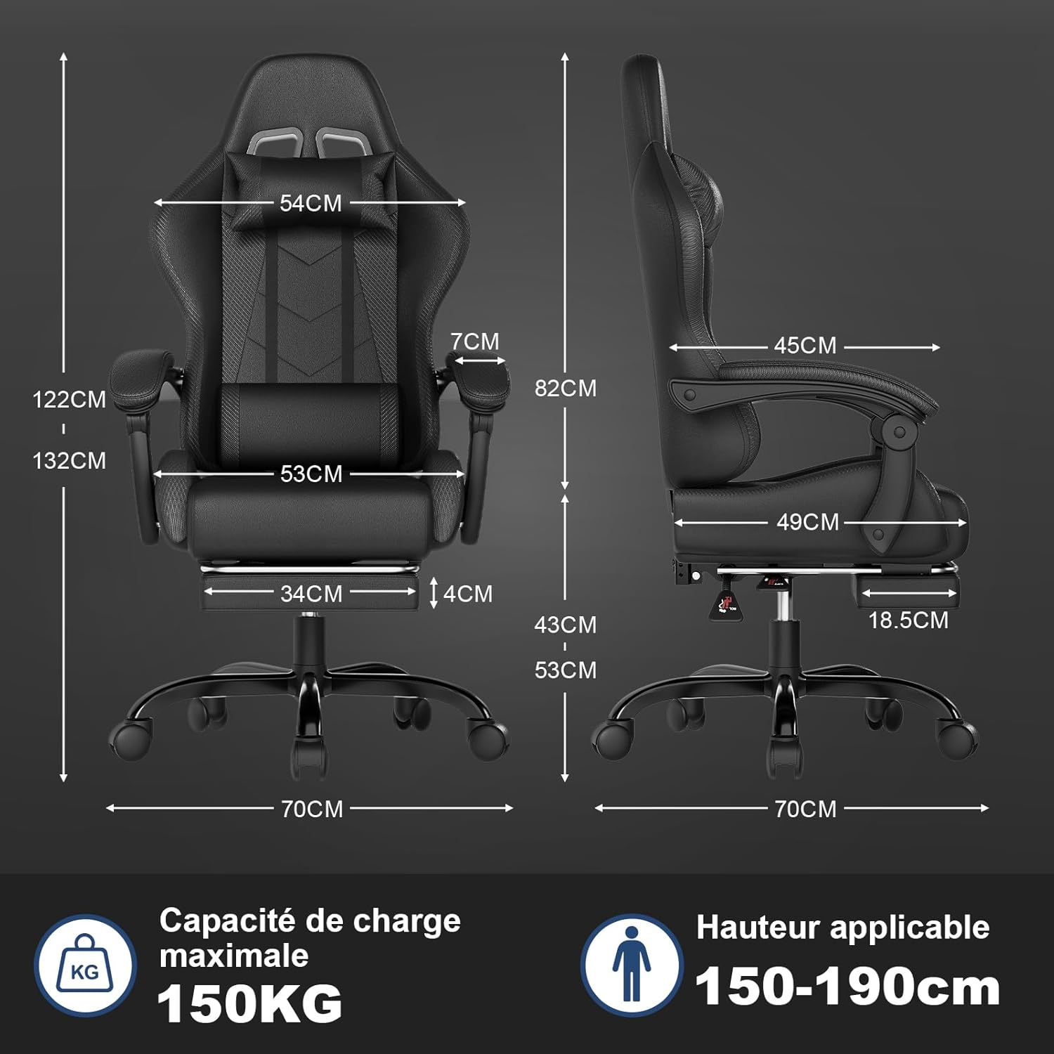 JUMMICO Gaming Stuhl, Bürostuhl ergonomisch mit Massagefunktion, Gamer Stuhl verstellbare Rückenlehne 90-135° und Fußstütze, Gaming Stuhl 150 kg belastbar, Schwarz – Bild 3