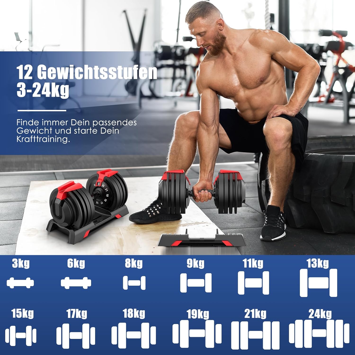 DH FitLife Verstellbare Kurzhantel 18/24 kg, 12 Gewichtsstufen, 12 in 1 Hantel, Einzelhantel oder Hantelset, verstellbare Hantel für Krafttraining zu Hause – Bild 3