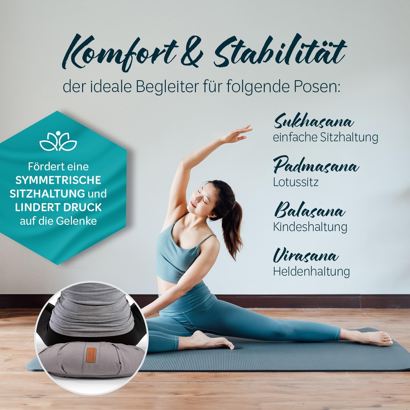 #DoYourYoga Zafu-Halbmondkissen „Ganesh“ gefüllt mit Bio-Dinkelspelzen oder Bio-Buchweizenspelzen | waschbarer Bezug | 45 x 30 x 14 cm | Meditation, Sitz, Rondokissen für Yin Yoga – Bild 5
