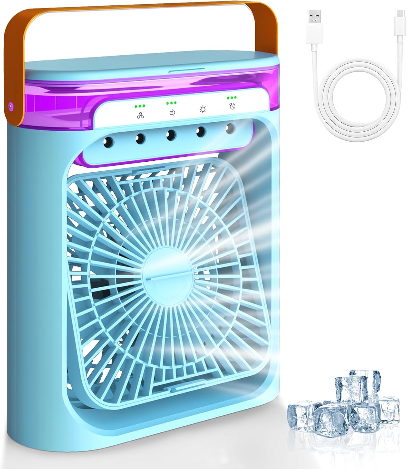 Mobile Klimaanlagen, Luftkühler mit Wasserkühlung, 4-in-1-Verdunstungskühler, Luftbefeuchter, Luftreiniger & Ventilator, 3-Gang-Mini-tragbarer Luftkühler für Zuhause, Büro, Reisen, Blau