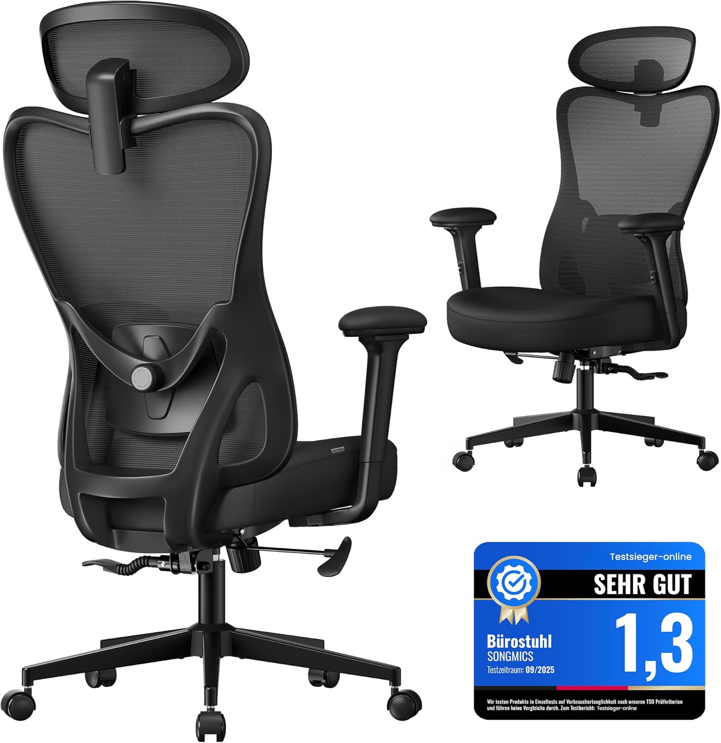 SONGMICS OBN066BH01 Ergonomischer Bürostuhl, Computerstuhl, verstellbare Lenden- und Kopfstütze, maximale Belastung 150 kg, höhenverstellbar, Tintenschwarz