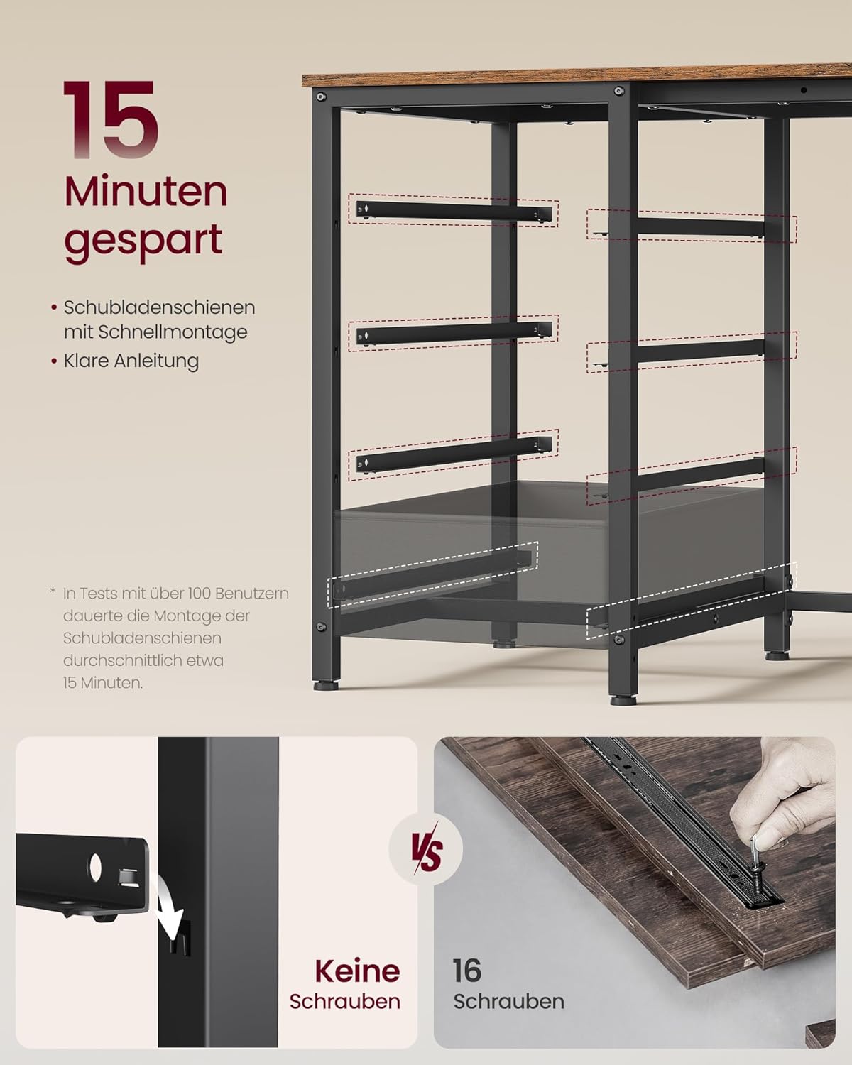 VASAGLE LWD173KD01 L-förmiger Eckschreibtisch mit Steckdosen, Computertisch, Gaming-Tisch, reversibel montierbare, verstellbare Regale, 4 Schubladen, 2 USB-Anschlüsse, 160 x 80 cm, Vintage-Braun – Bild 5