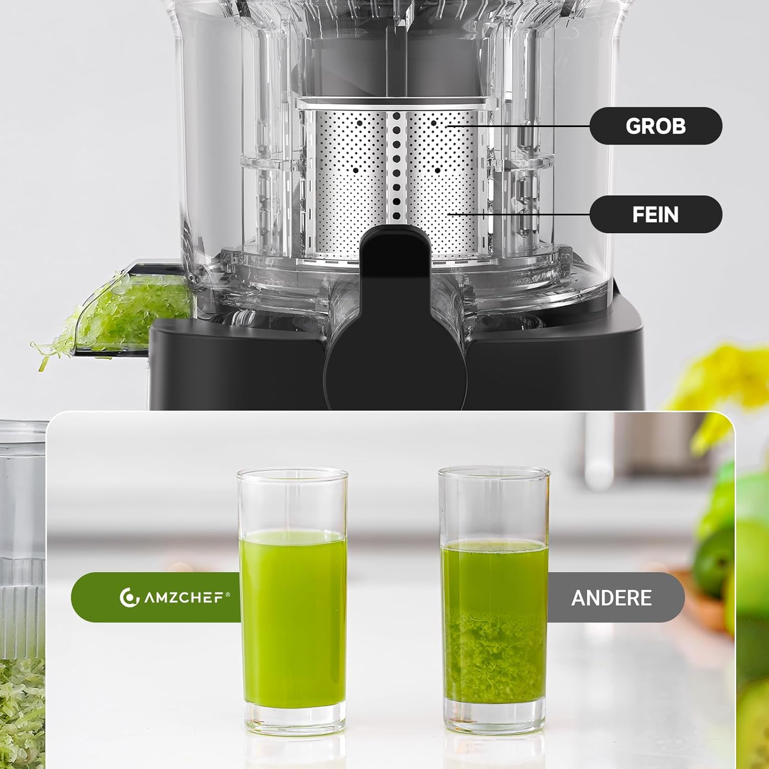 AMZCHEF Entsafter – Slow Juicer mit 120 mm Breite und größerem Einfüllschacht für ganzes Gemüse und Obst – leicht zu reinigender Entsafter mit 2 Gläsern – Silber – Bild 2