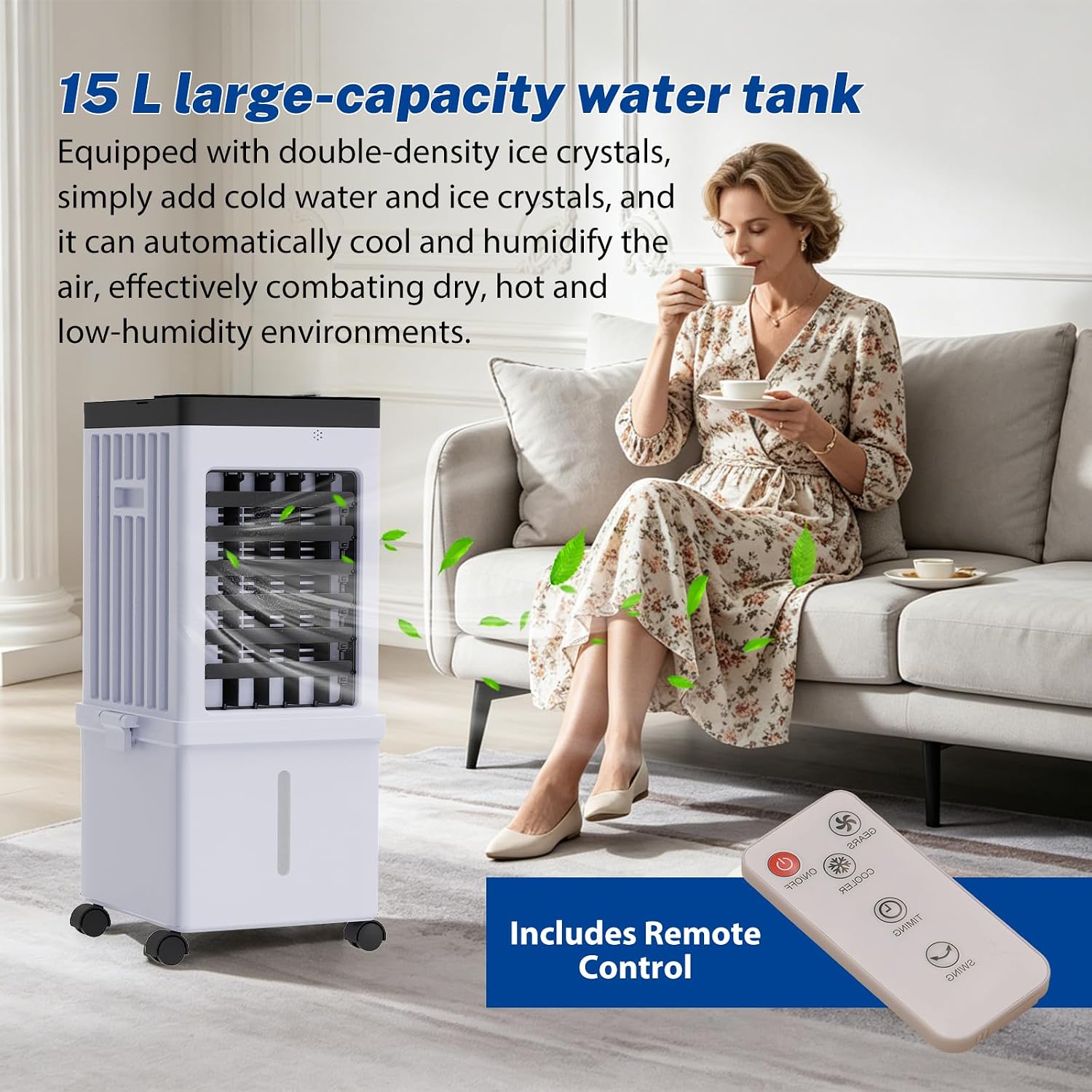 3-in-1-Luftkühler und Luftbefeuchter, tragbarer 60-cm-Luftkühler, 15-l-Wassertank, 3 Geschwindigkeiten und 3 Modi, super energiesparend, Digitalanzeige, 7,5-Stunden-Timer, mit 4 Rädern und Griff – Bild 8