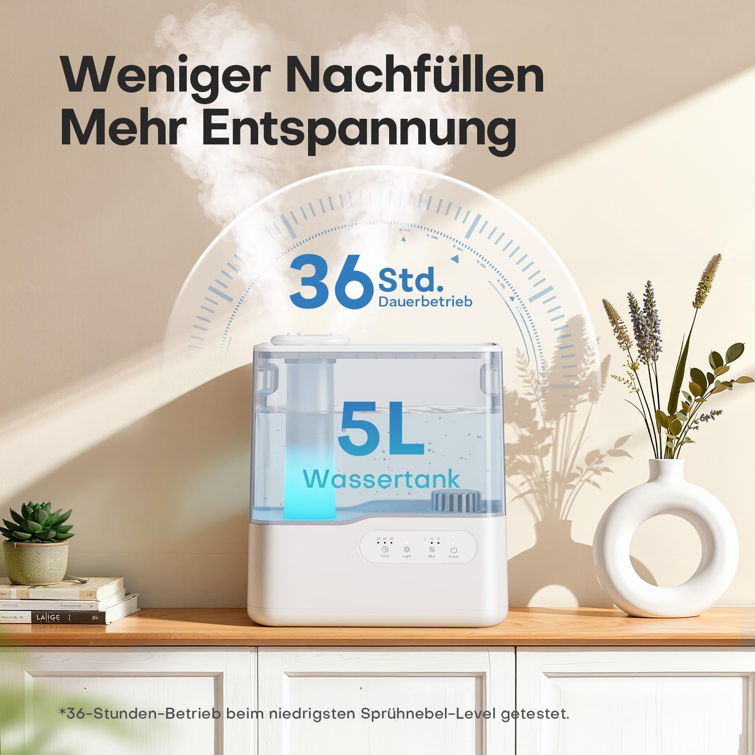 AROEVE Luftbefeuchter für Schlafzimmer 5L, Top-Fill-Kaltnebel-Luftbefeuchter mit Aromadiffusor, 7-Farben-Nachtlicht, Timer, 36H/25dB Leiser Ultraschall-Raumbefeuchter für Baby, Kinderzimmer, Pflanzen – Bild 3