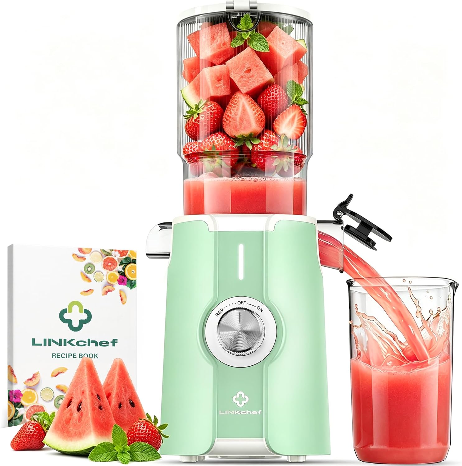 LINKChef Slow Juicer, 115 mm große Einfüllöffnung für Entsafter, Gemüse und Obst, Testsieger, Kaltentsafter 200 W, BPA-frei, leicht zu reinigen und zu montieren, hellgrün
