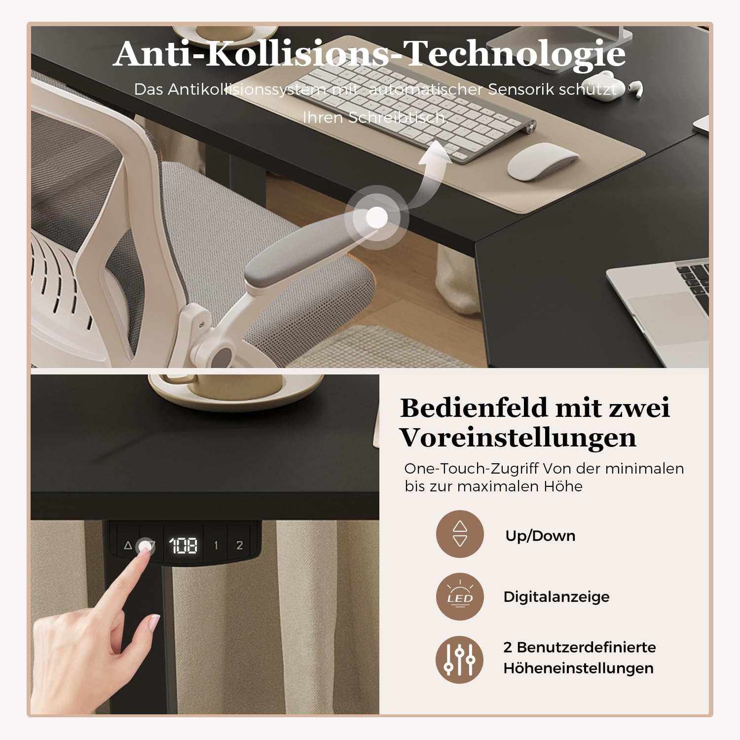 Klicelor Höhenverstellbarer Schreibtisch, elektrischer Stehsitz-Bürotisch, Computertisch mit 2 Memory-Funktionen, Stehpult, 160 x 90 cm, Schwarz – Bild 5