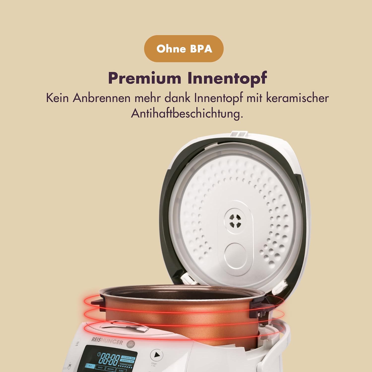 REISHUNGER Digitaler Reiskocher und Dampfgarer Grau | 1,5 Liter für 8 Personen | Warmhaltefunktion, Timer und Premium-Innentopf | Multikocher, 12 Programme, 7-Phasen-Technologie | Bis zu 8 Personen – Warmhaltefunktion, Timer & Premium-Innentopf – Multikocher, 12 Programme, 7-Phasen-Technologie – Bild 6