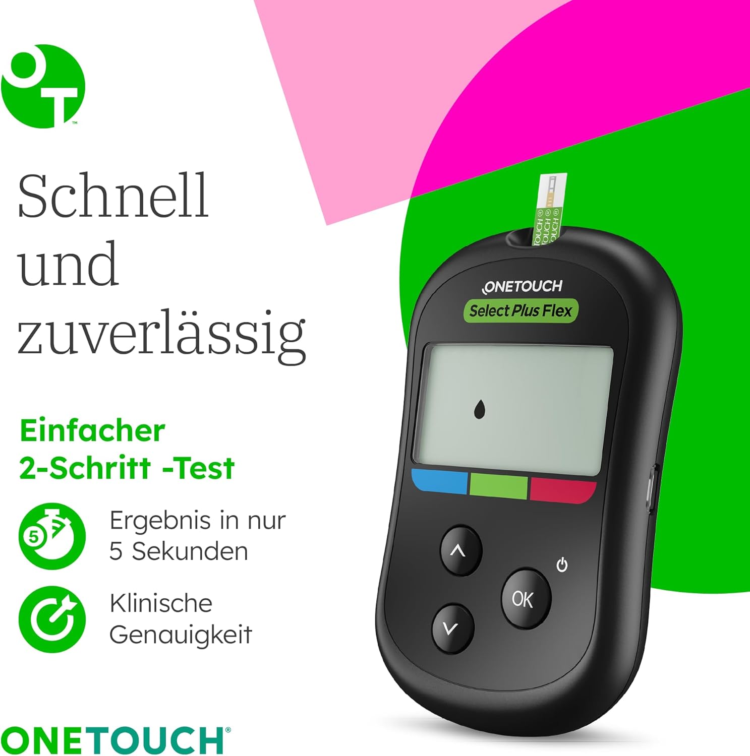OneTouch Select Plus Flex Blutzuckermessgerät für Diabetes (Zuckerkrankheit) I 1 Blutzuckermessgerät (mg/dL) + 40 Teststreifen + 1 Stechhilfe + 40 Lanzetten im Koffer (inkl. Batterie) – Bild 7