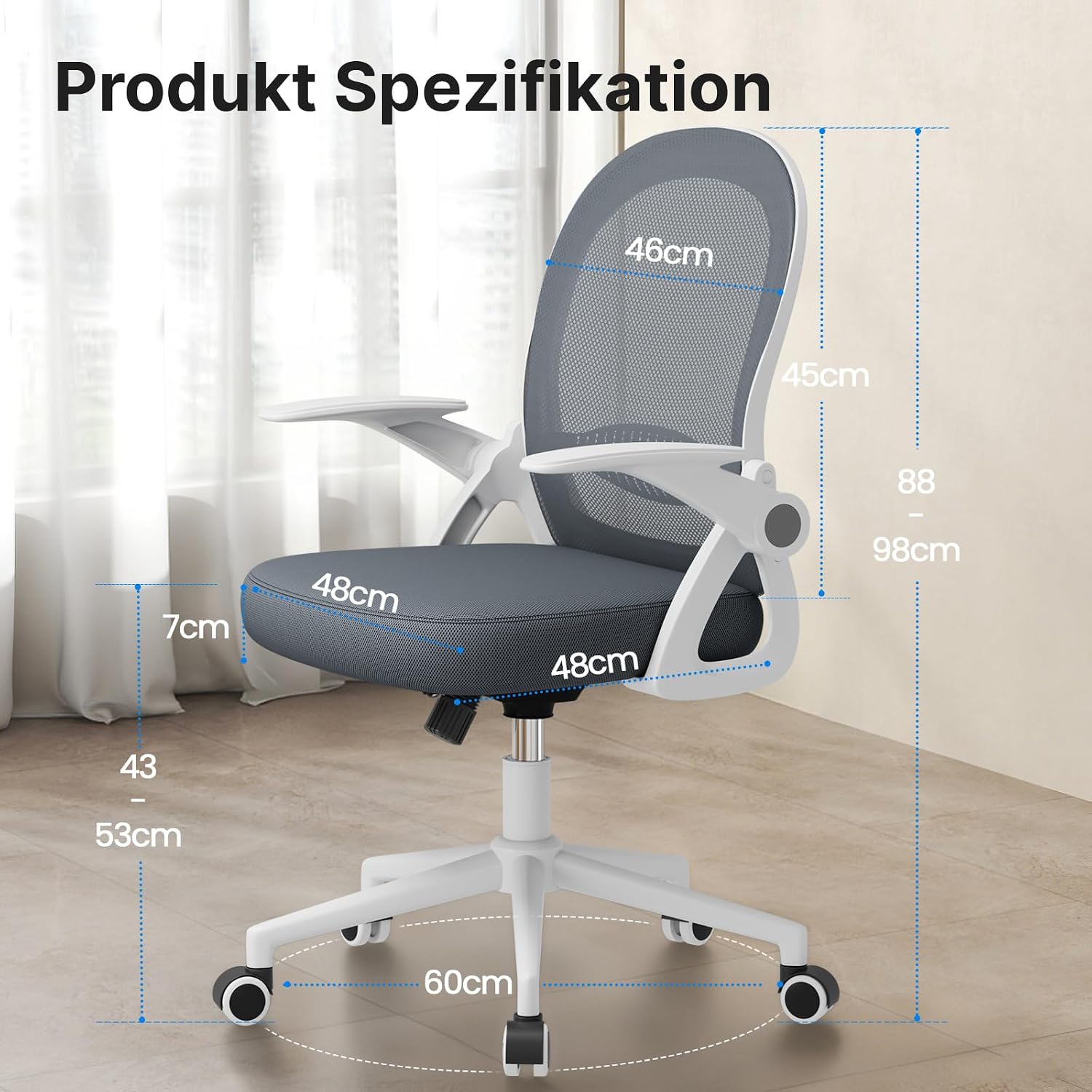 naspaluro Bürostuhl, ergonomischer Schreibtischstuhl mit atmungsaktiver Netzpolsterung, klappbare Armlehnen, höhenverstellbarer Computerstuhl, leichter Stuhl, 360°-Drehstuhl, dunkelblau – Bild 3