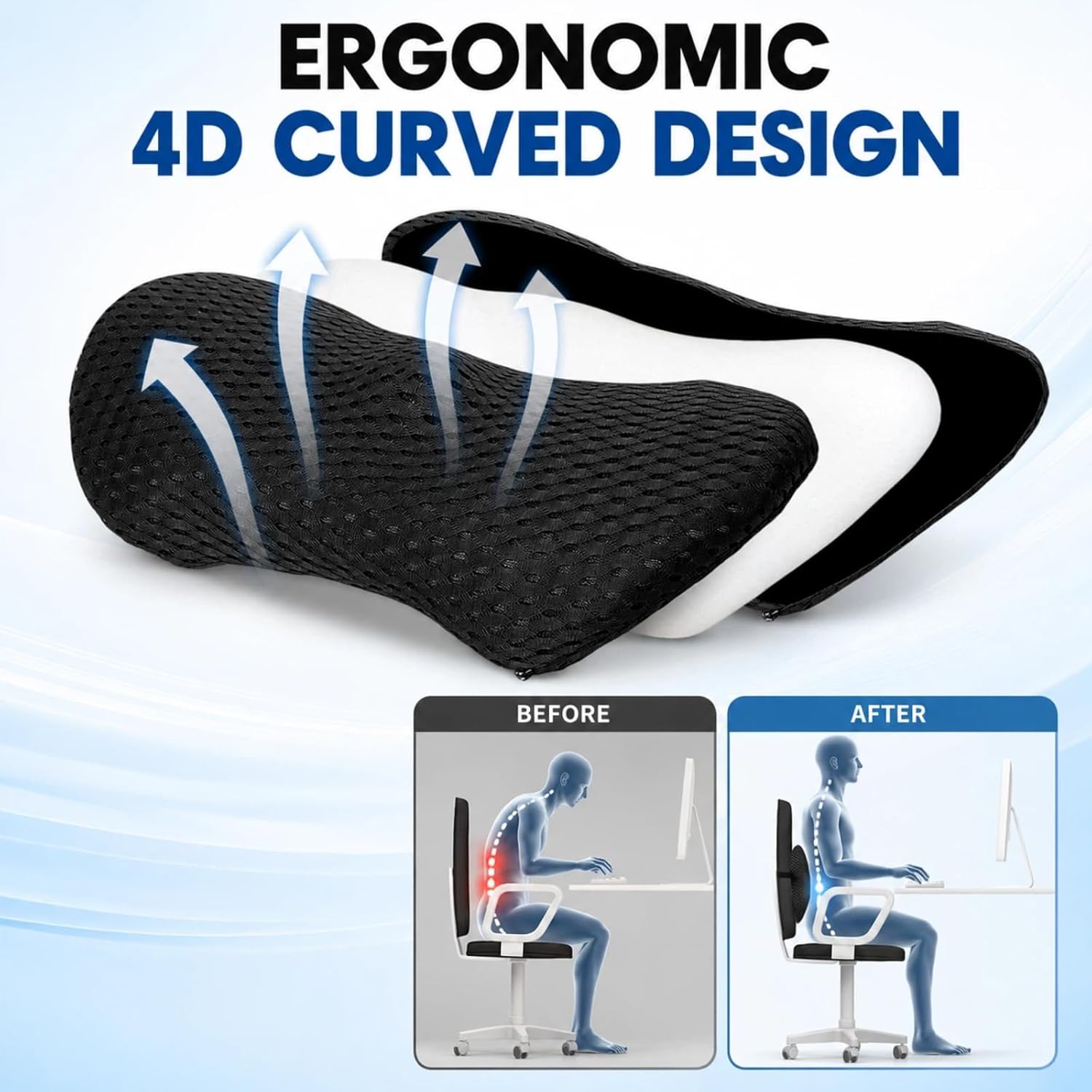 Ergonomisches Memory-Schaum-Lendenkissen, atmungsaktive Rückenstütze mit verstellbarem Riemen, abnehmbarer, waschbarer Bezug für Bürostuhl, Auto und Zuhause – Bild 4