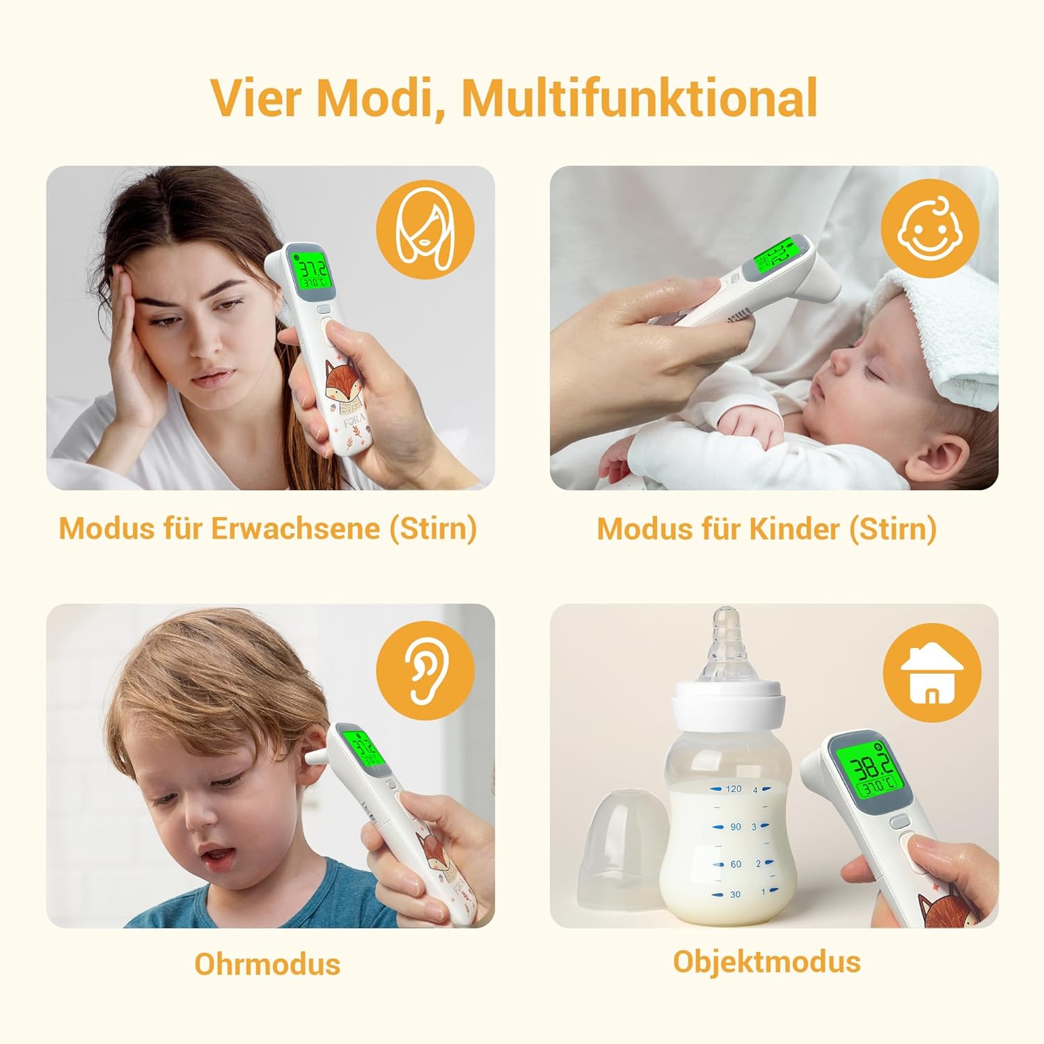 FORA Baby & Digitales Fieberthermometer – Multifunktions-Thermometer für Ohr und Stirn mit Farbcode-Fieberanzeige, Silent-Modus, Memory-Funktion – Hygienisch & kompakt für junge Mütter – Bild 4
