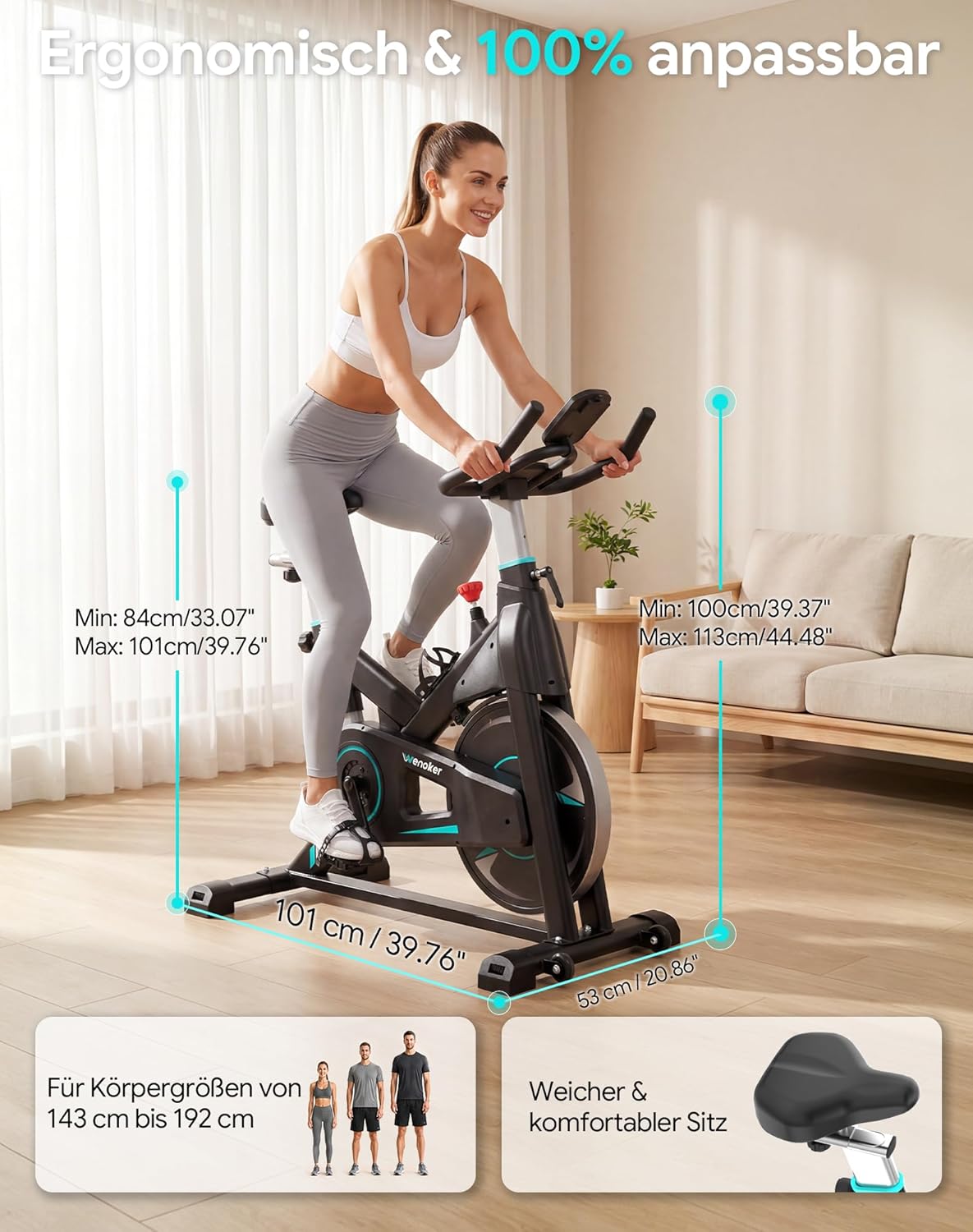 Wenoker Heimtrainer – Flüsterleises Indoor-Spinning-Bike, Ergometer mit magnetischem Widerstand, schweres Schwungrad, LCD-Monitor, stationäres Fahrrad, maximale Belastung 160 kg – Bild 2