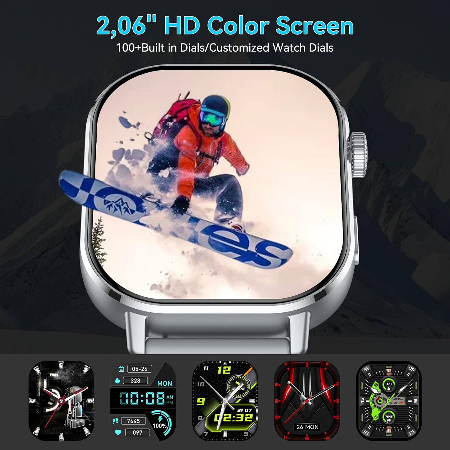 Smartwatch Herren Built-in GPS, Smart Watch Herzfrequenz/Schlafmonitor /Schrittzähler/Kompass/SOS, 2.06"AMOLED Uhren Herren Bluetooth Anruf, 178+Sportmodi Fitnessuhr 5ATM Wasserdicht für iOS Android – Bild 2