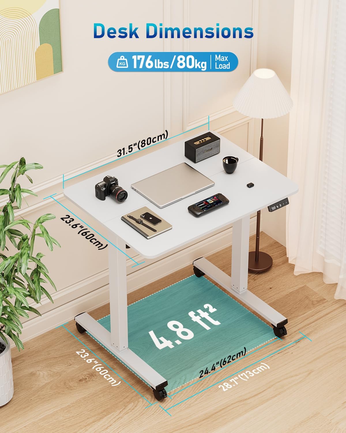 Höhenverstellbarer Schreibtisch 80 x 60 cm, hochwertige Tischplatte, elektrischer Schreibtisch, höhenverstellbar, Computertisch mit Memory-Funktion, weiß – Bild 2