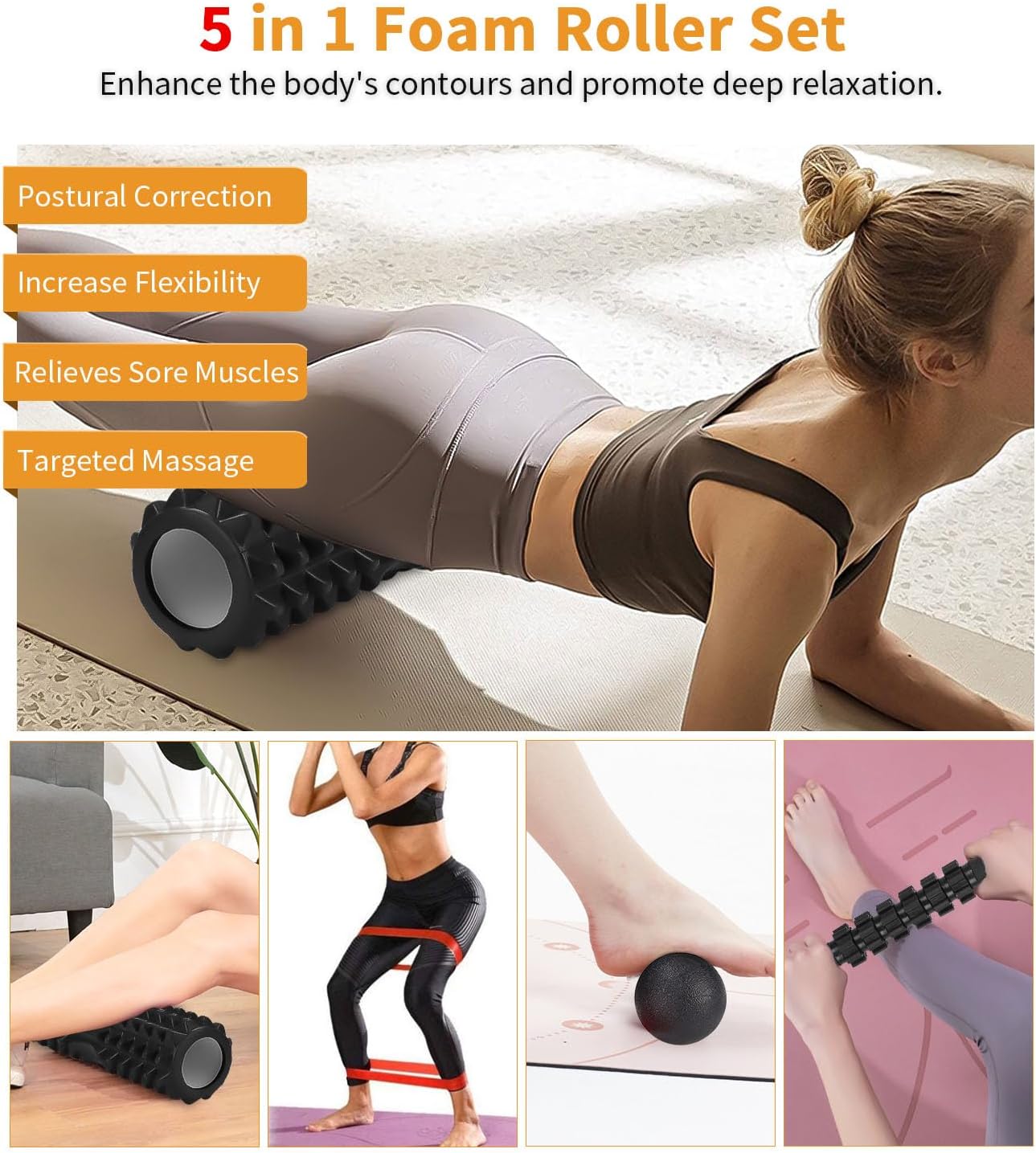 5-in-1-Massageset, hochdichte Faszienrolle Wirbelsäule, Massagerolle, Massageball, Spanner, Widerstandsband für Tiefenmuskelmassage, Fitnessübungen für den ganzen Körper, Pilates-Set – Bild 2