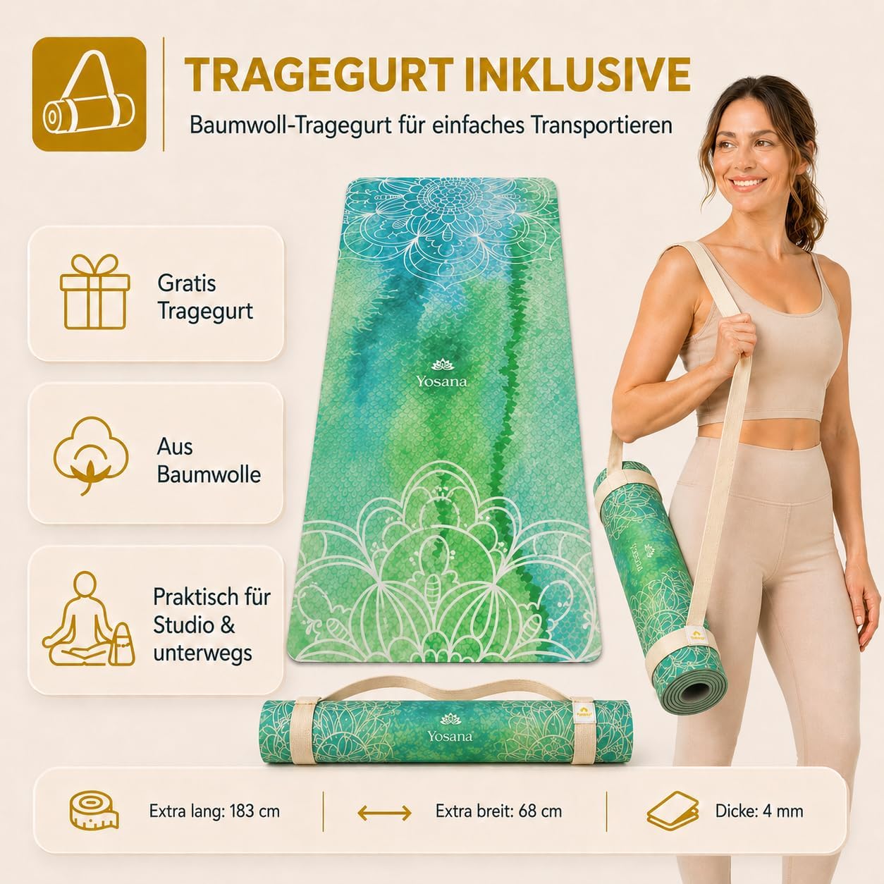 Yosana Yogamatte aus Naturkautschuk – rutschfeste, nachhaltige Yogamatte mit Mikrofaseroberfläche zur schnellen Aufnahme von Schweiß – maschinenwaschbare Sportmatte – 183 x 68 cm – Bild 6