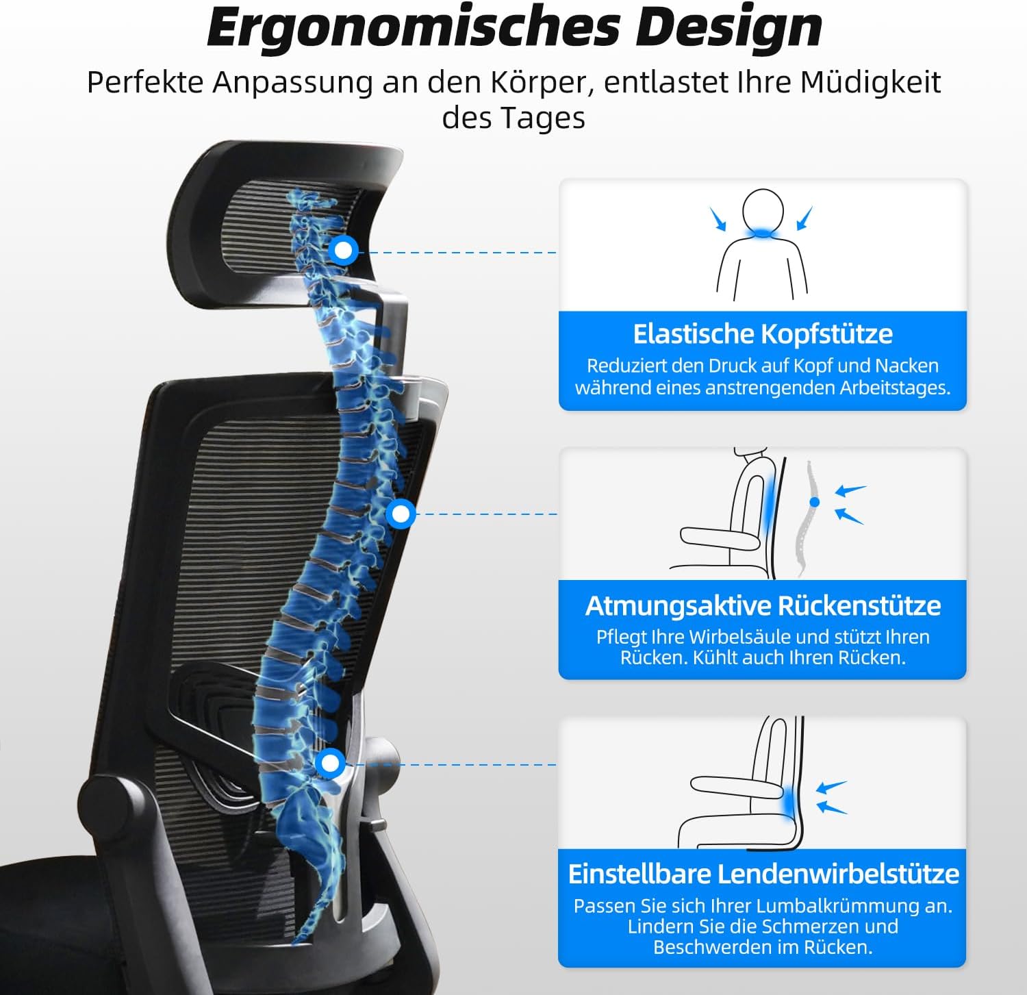 Daccormax Ergonomischer Bürostuhl, Schreibtischstuhl mit verstellbarer Kopfstütze, Armlehnen, Lordosenstütze, Drehstuhl-Wippfunktion bis 135°, Netz-Chefsessel, rückenschonender Bürostuhl 150 kg – Bild 4