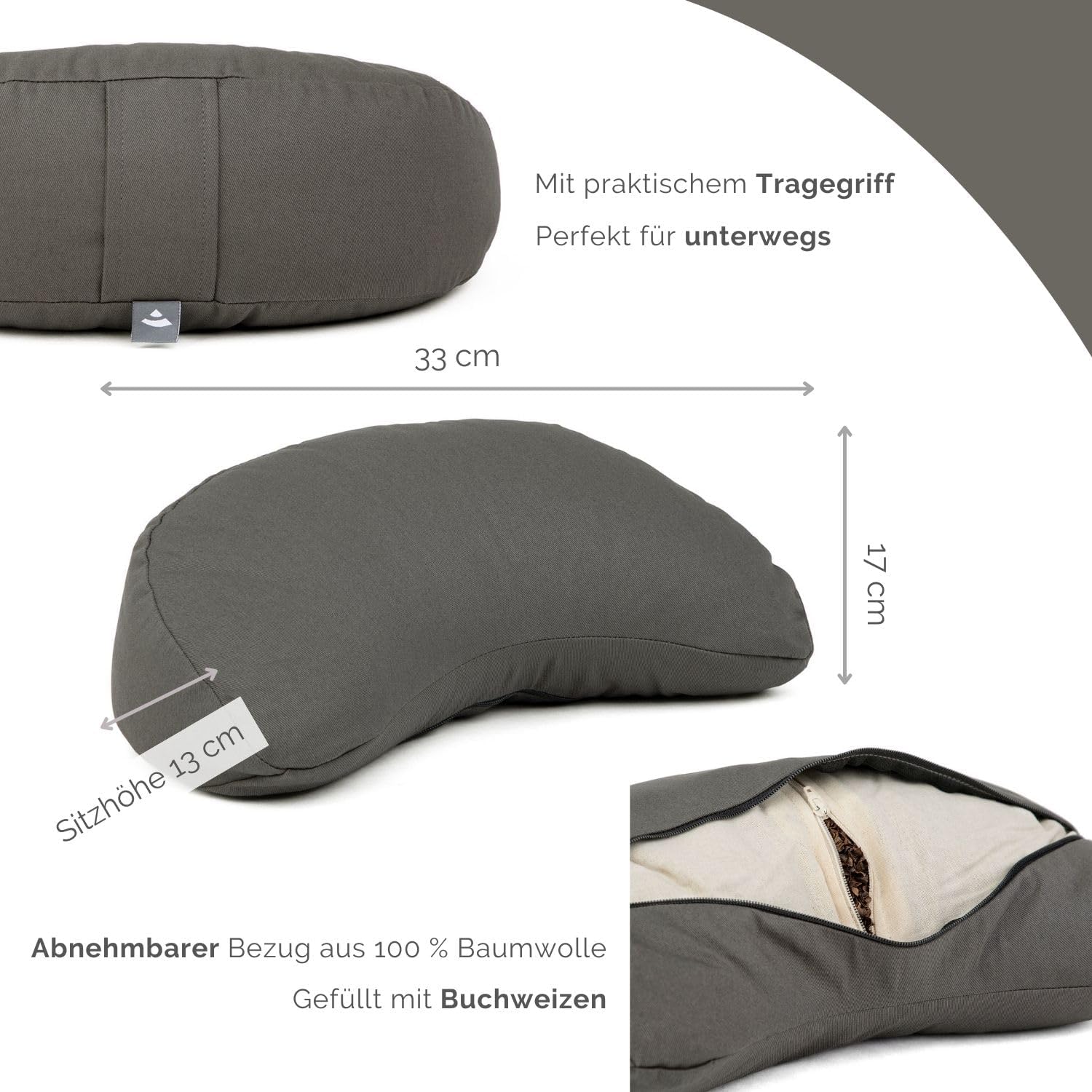 Bodhi Meditationskissen Halbmond Mini | Yogi Moon Eco | Bezug aus 100 % Bio-Baumwolle | Yogakissen halbmondförmig mit Buchweizenfüllung | Halbmondkissen für Yoga & Meditation | Anthrazit – Bild 3