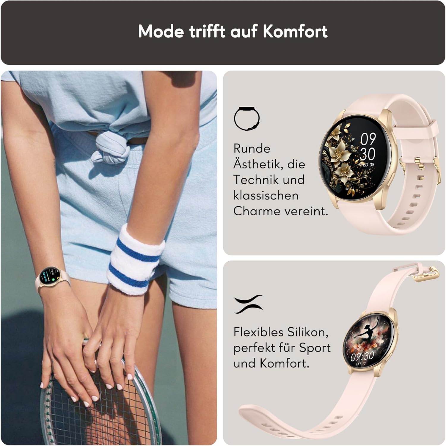 AcclaFit Smartwatch Damen Herren 1,38 Zoll HD-Display Smartwatch mit Bluetooth-Anrufen, Fitness-Tracker mit Herzfrequenz-SpO2-Schlafmonitor Schrittzähler IP68 wasserdichte Fitnessuhr für iOS Pink – Bild 2
