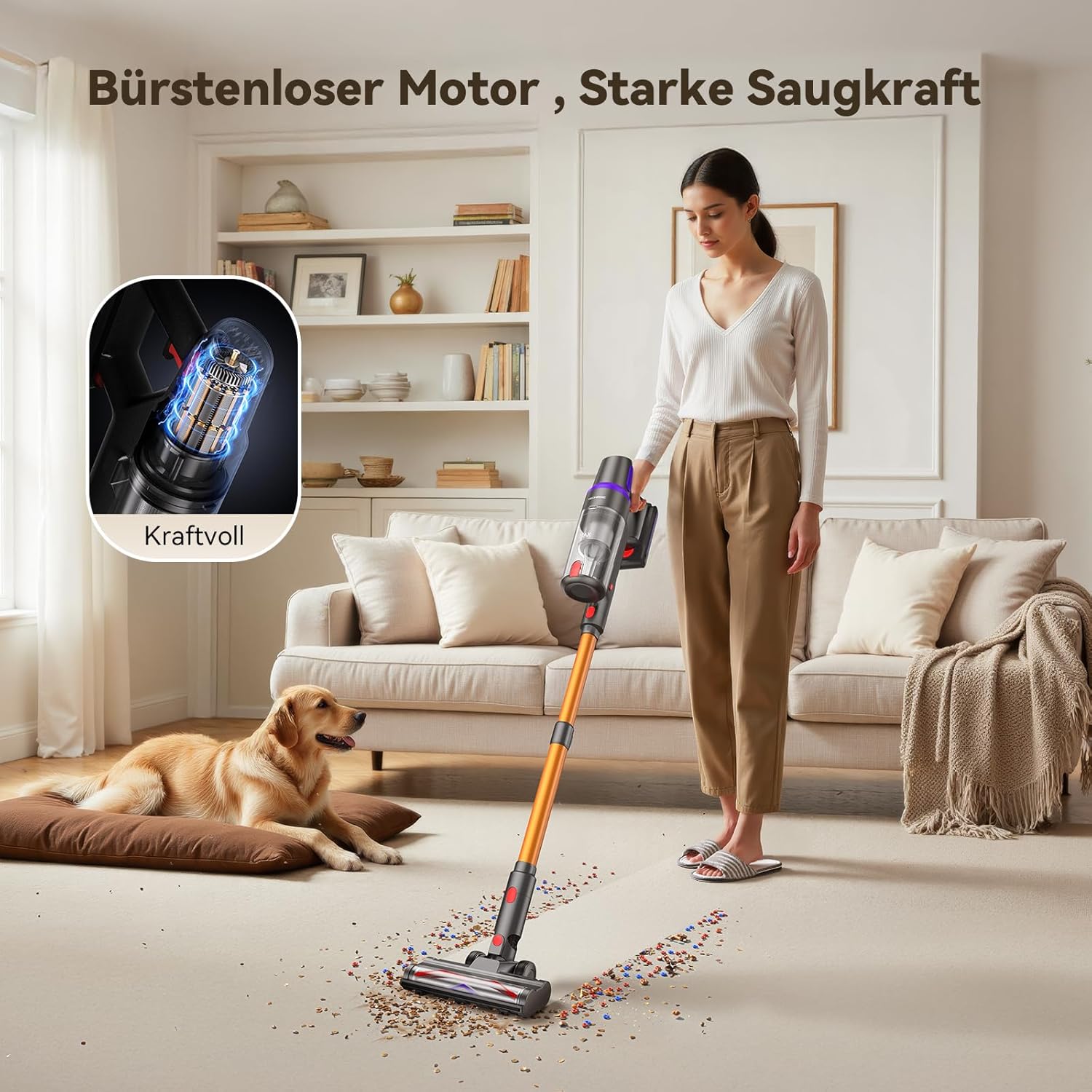 TechRise Akku-Staubsauger 45000Pa/500W/60Min, Anti-Tangle-Bürste & 8-in-1-Funktion (selbststehend) Staubsauger kabellos mit Display, Griffstaubsauger für Zuhause, Tierhaare/Teppiche/hart – Bild 2