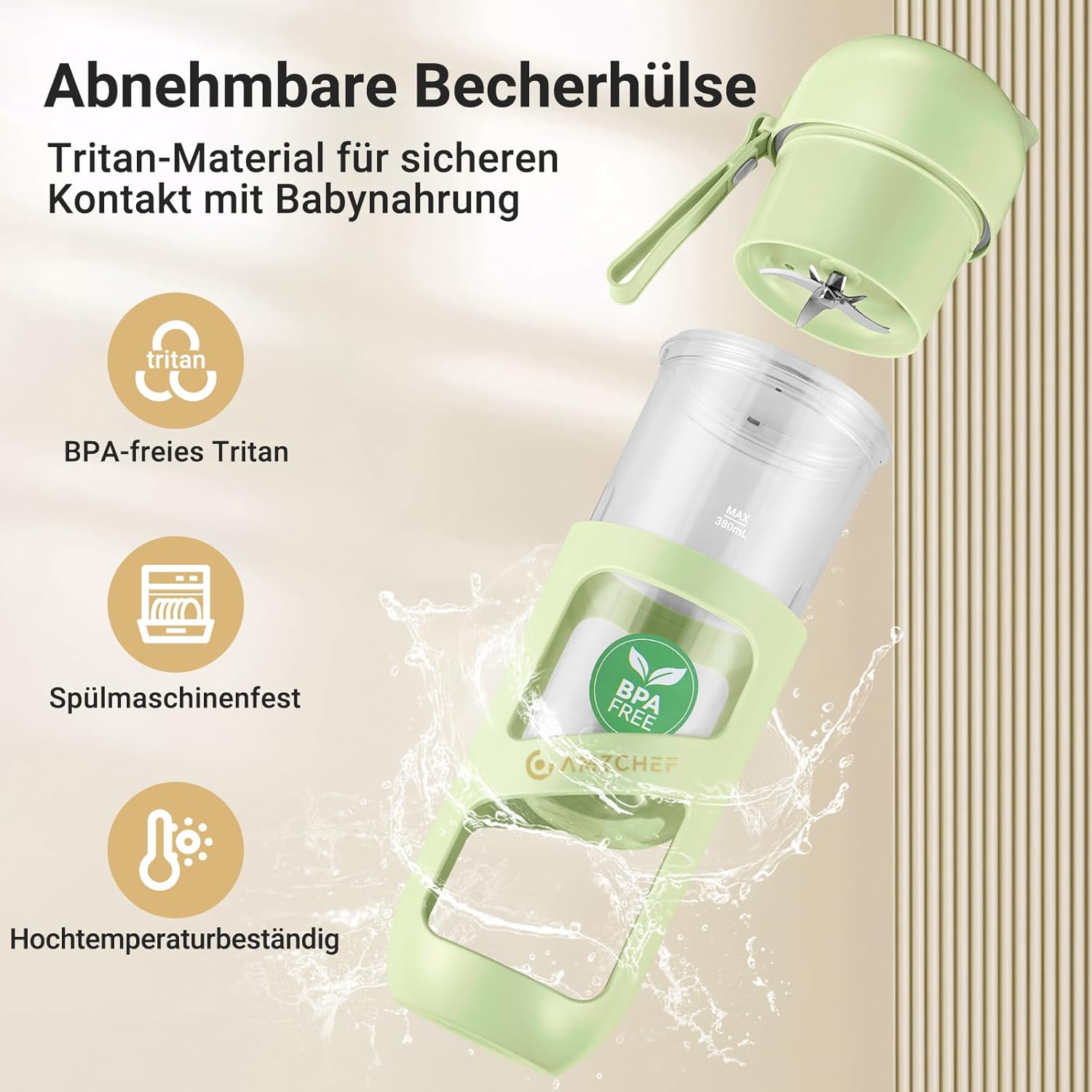 AMZCHEF Smoothie Maker To Go – Antioxidativer Vakuum-Flaschenmixer mit 10 Klingen für frischen Saft, Smoothie und Shake – tragbarer Mini-Mixer für Sport, Reisen – Grün – Bild 6
